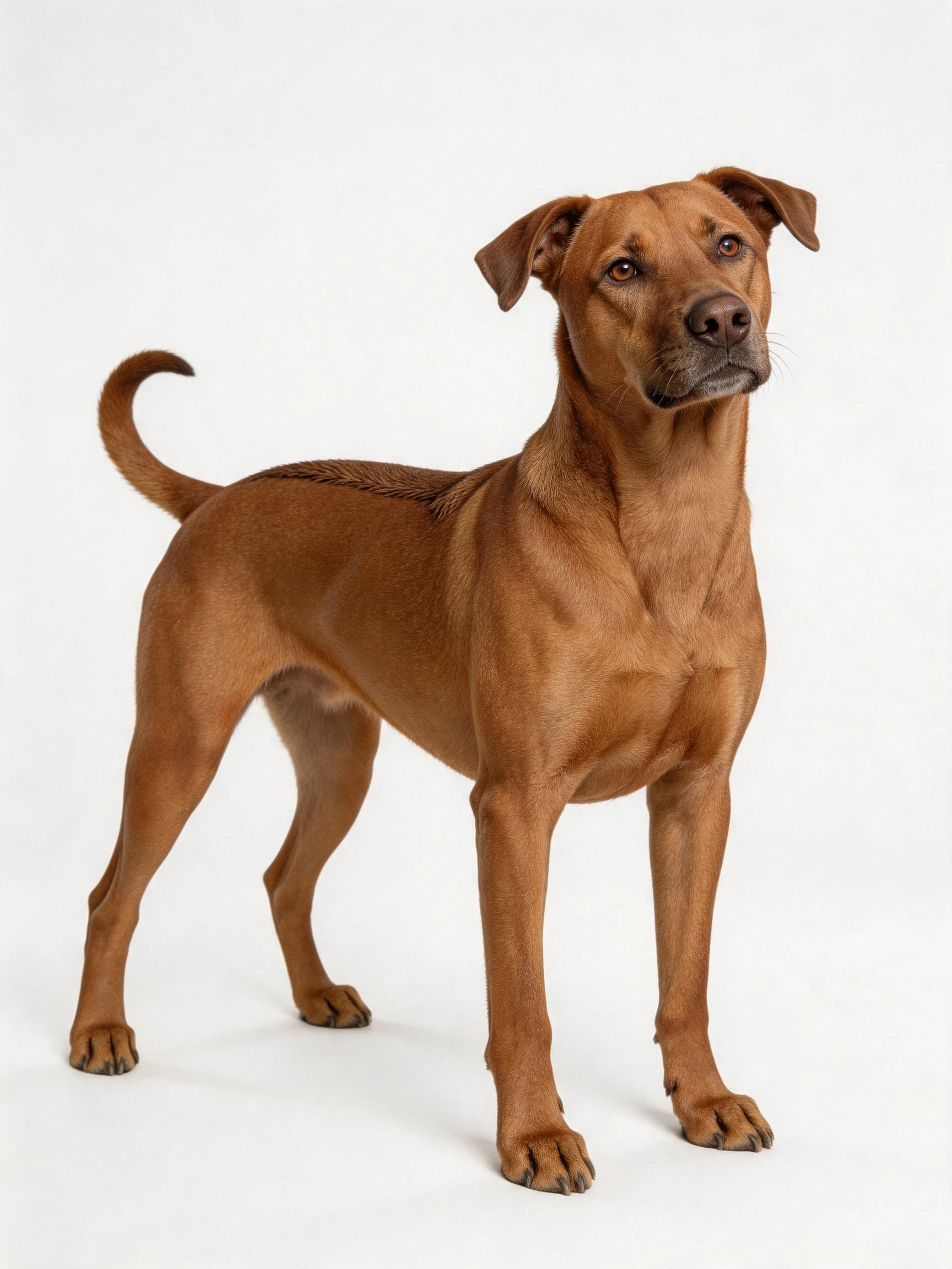 A sleek brown dog standing alert against a white backdrop