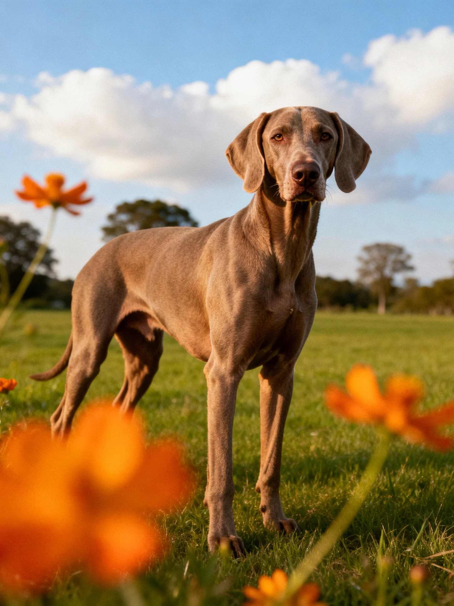 A sleek brown dog stands in a sunny meadow near bright flowers.