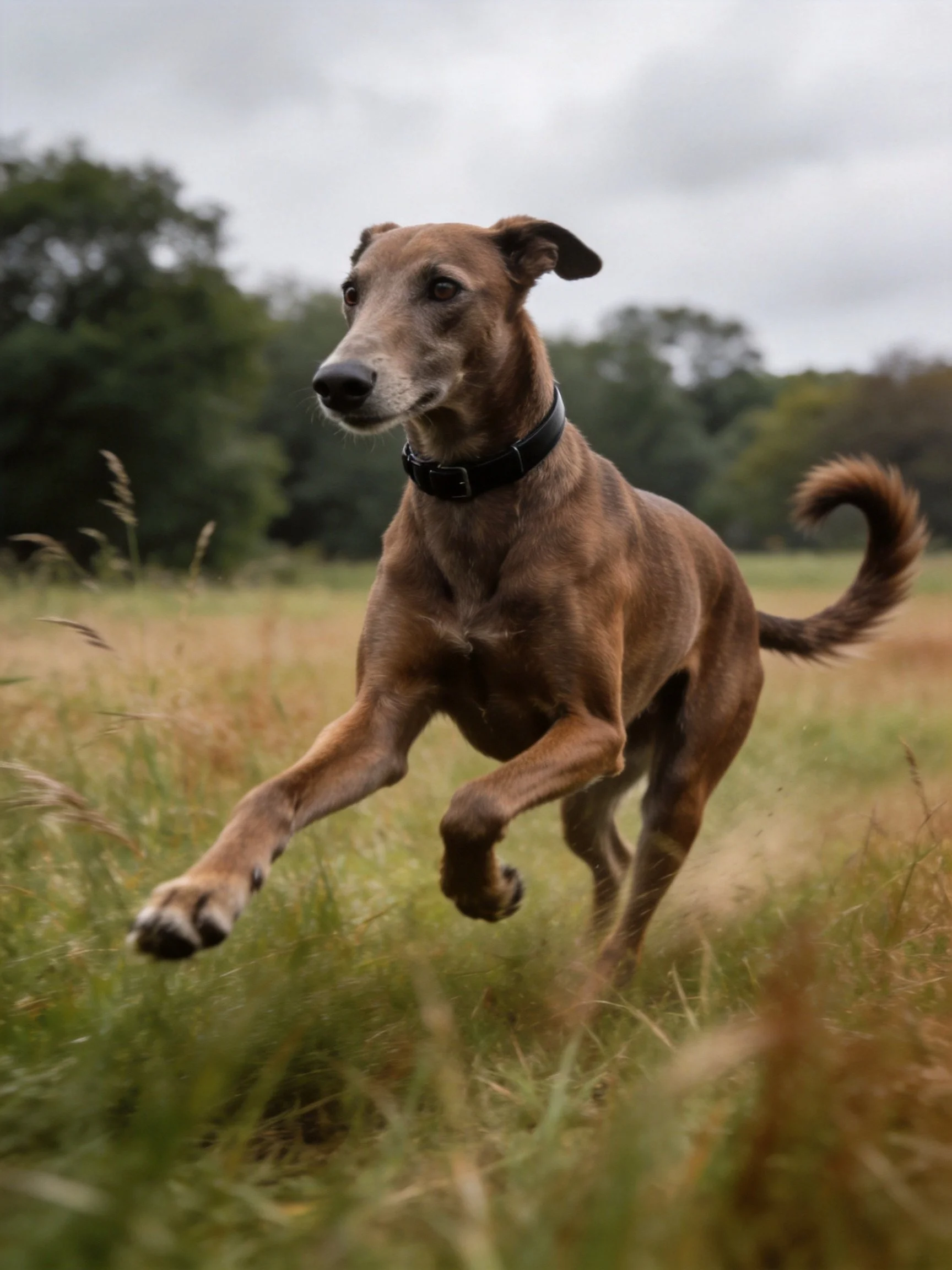 A sleek brown greyhound sprints through golden grassy fields