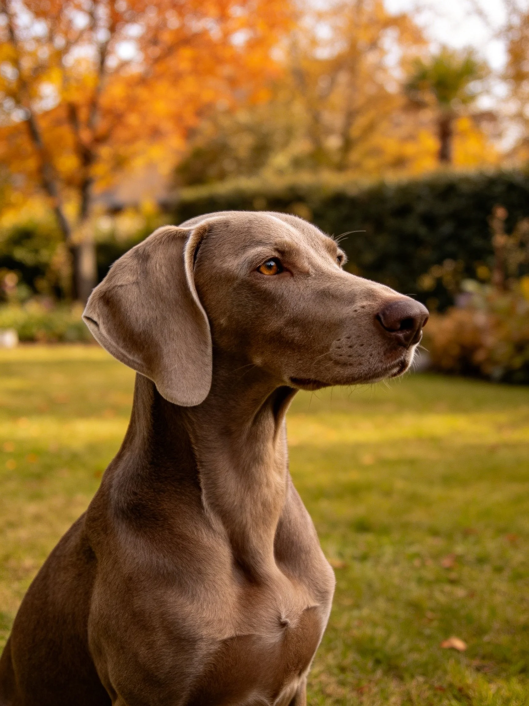 A sleek gray Weimaraner gazes thoughtfully amid autumn foliage