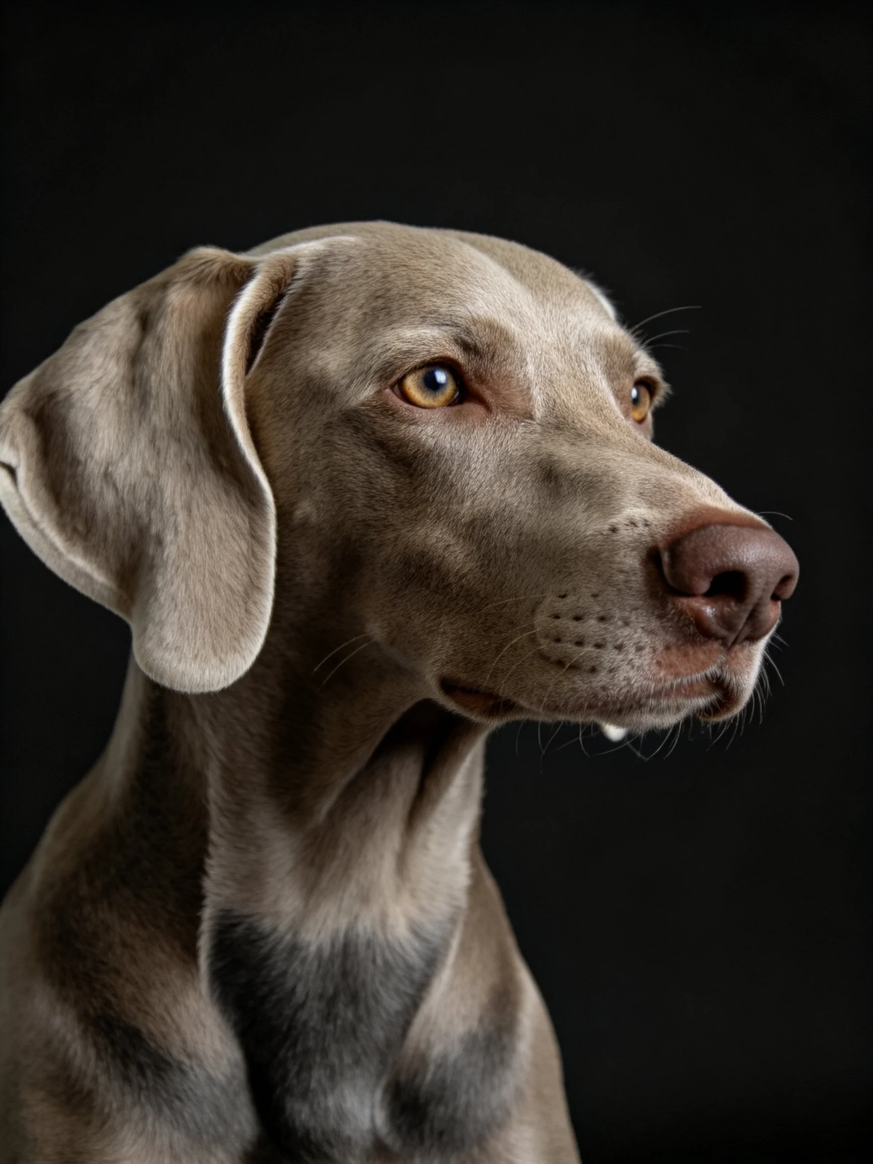 A sleek gray Weimaraner gazes attentively against a black backdrop.