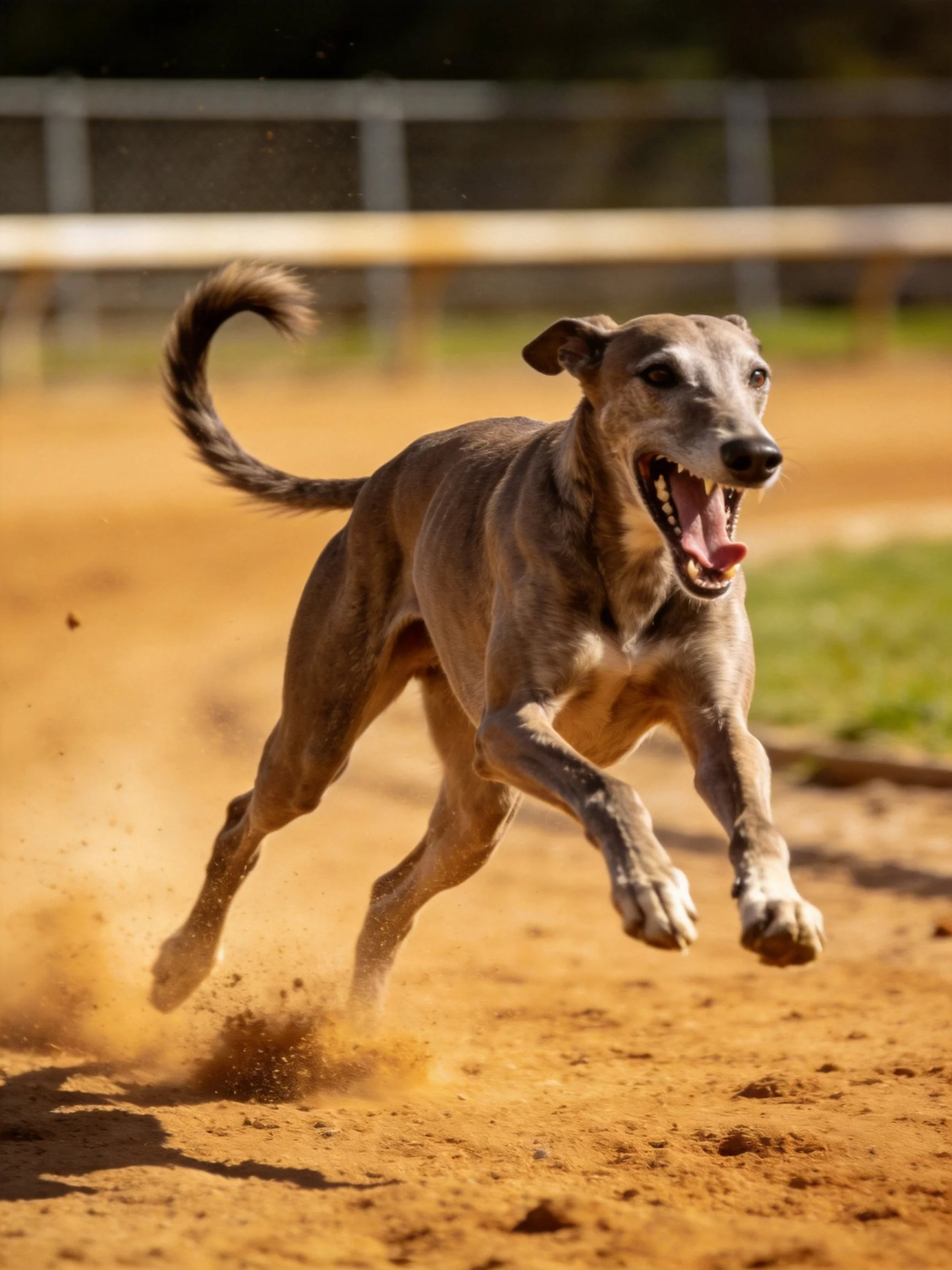 A sleek gray dog sprinting on a dusty outdoor track