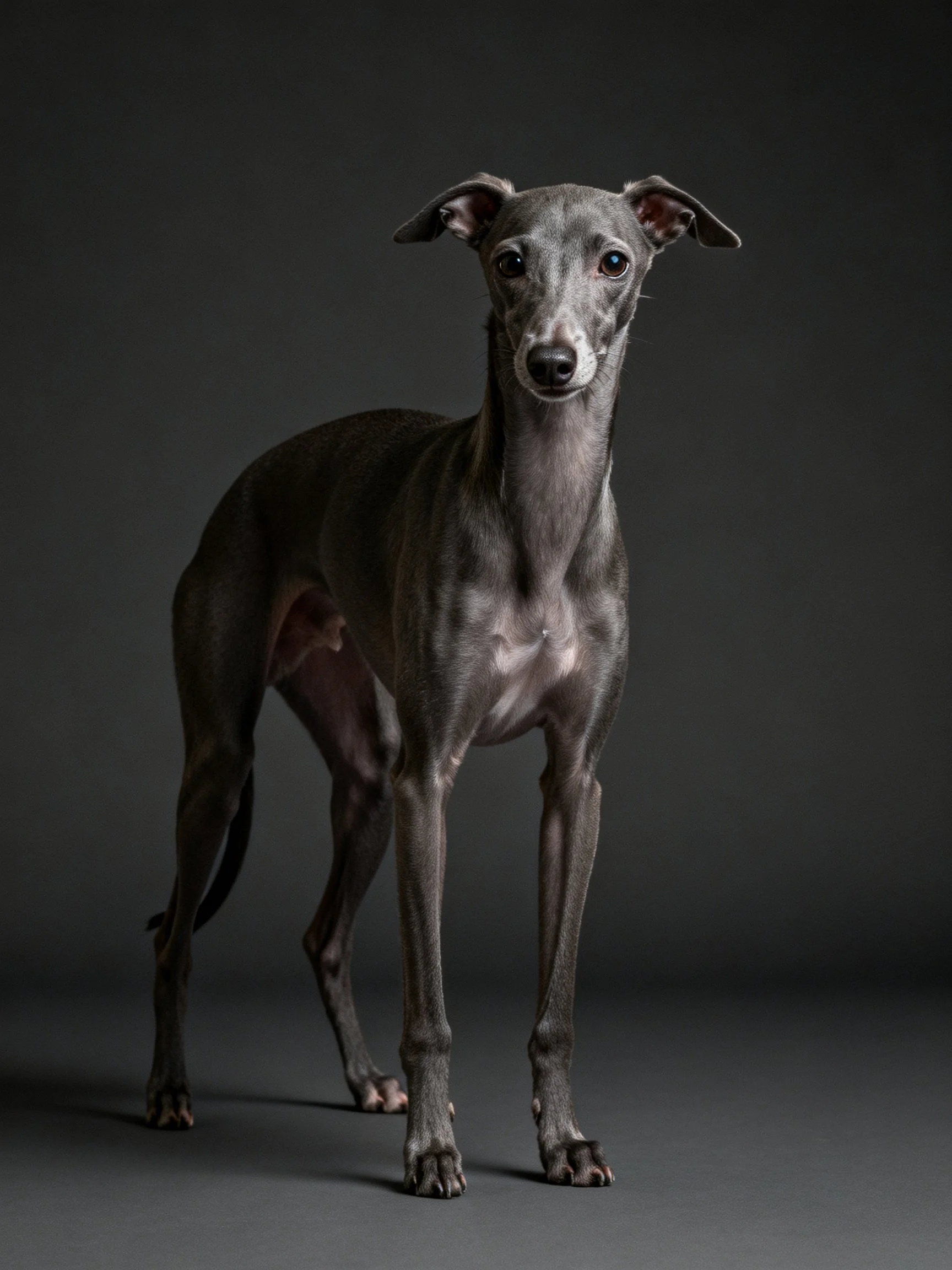 A sleek gray dog stands against a dark studio backdrop