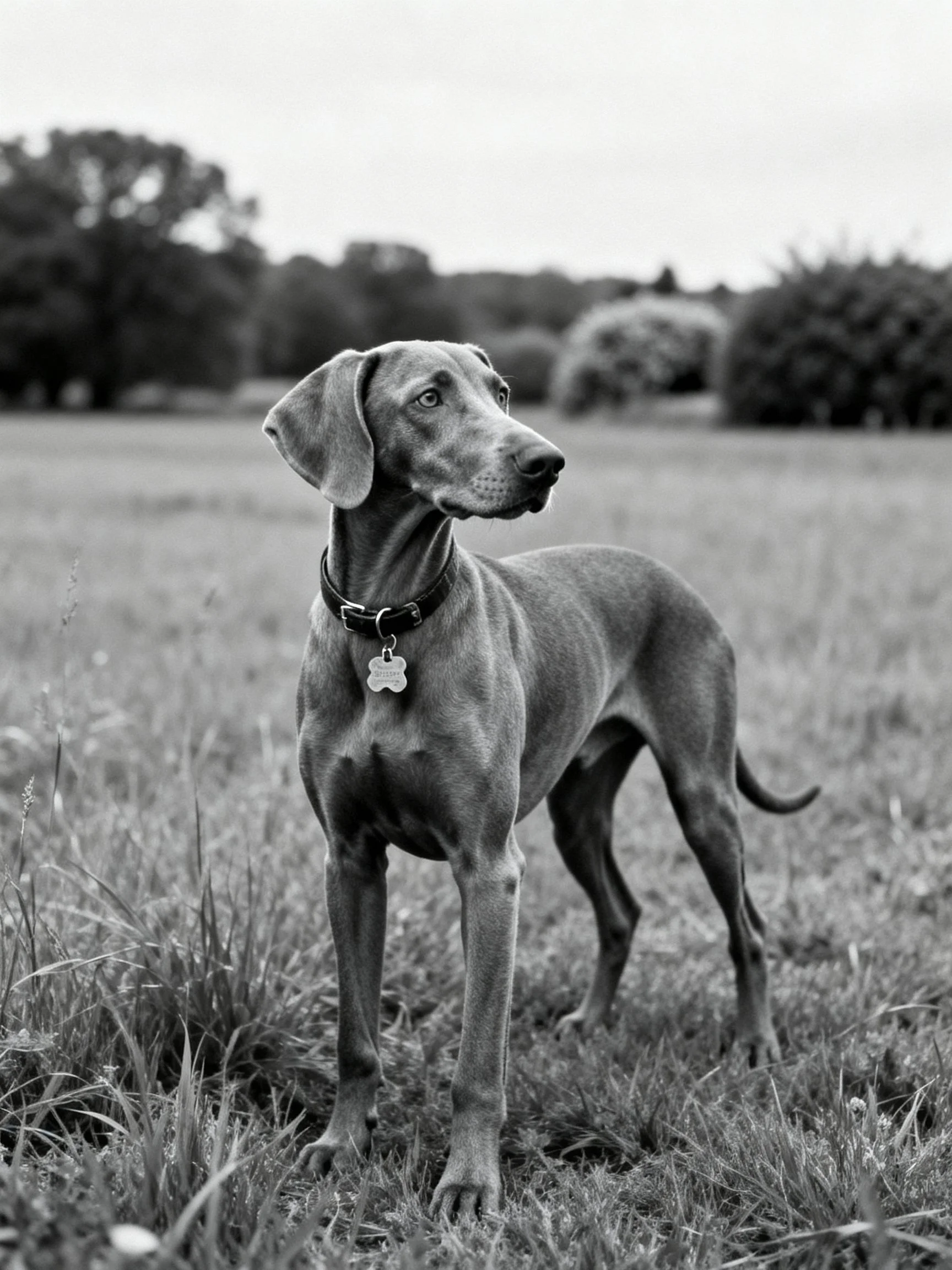 A sleek gray dog stands alert in an open grassy field