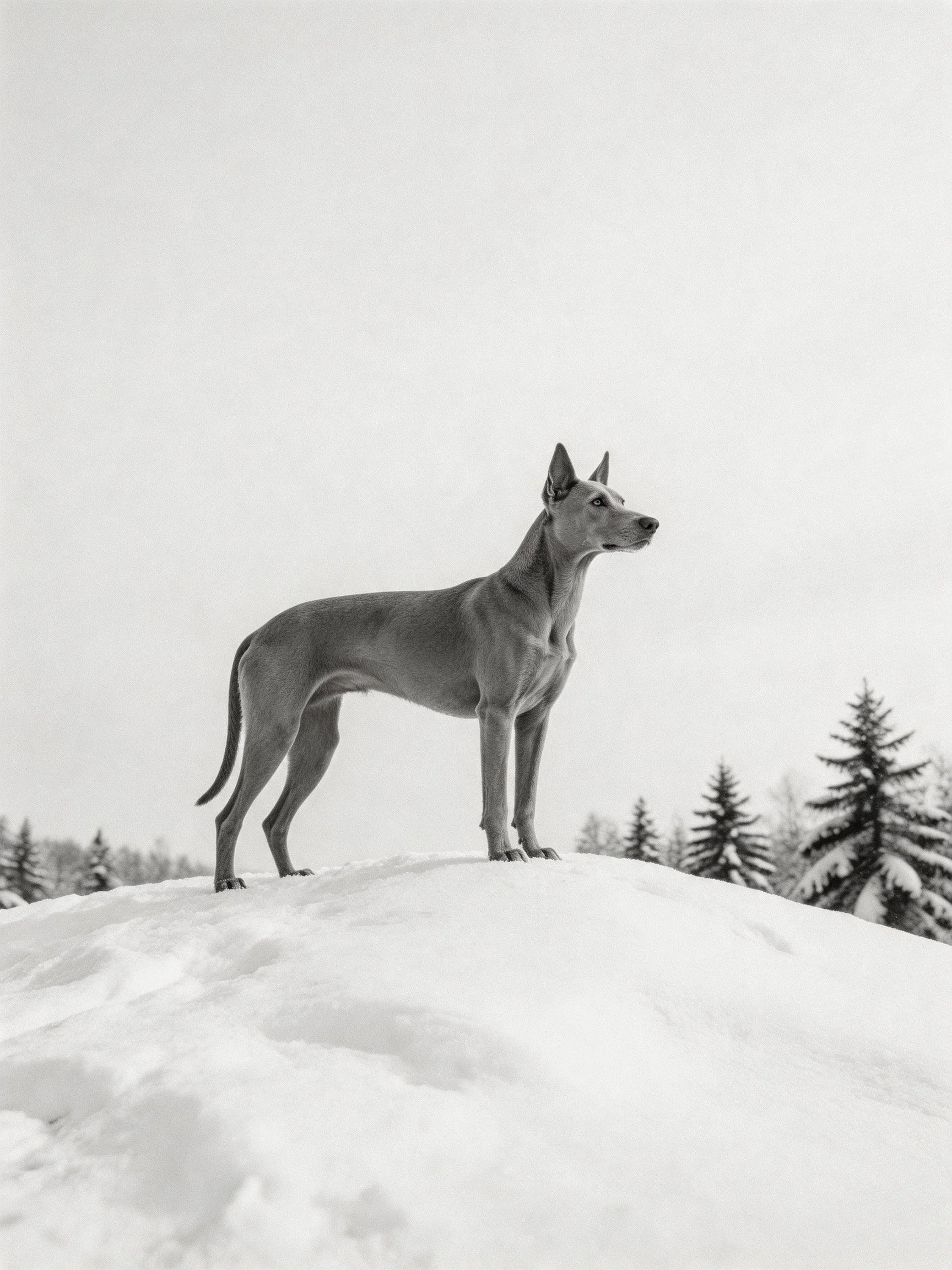 A sleek gray dog stands atop a snow - covered mound near evergreen trees