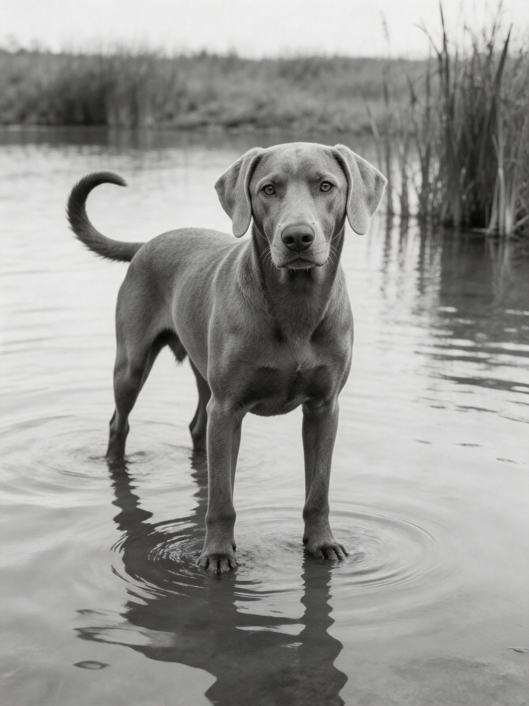 A sleek gray dog stands in shallow water near tall reeds