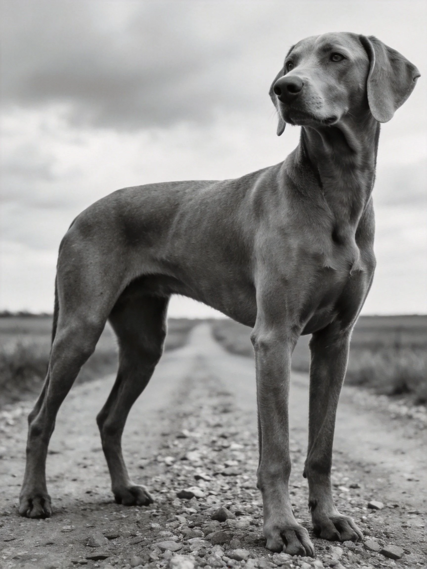 A sleek gray dog stands on a gravel path with open fields behind
