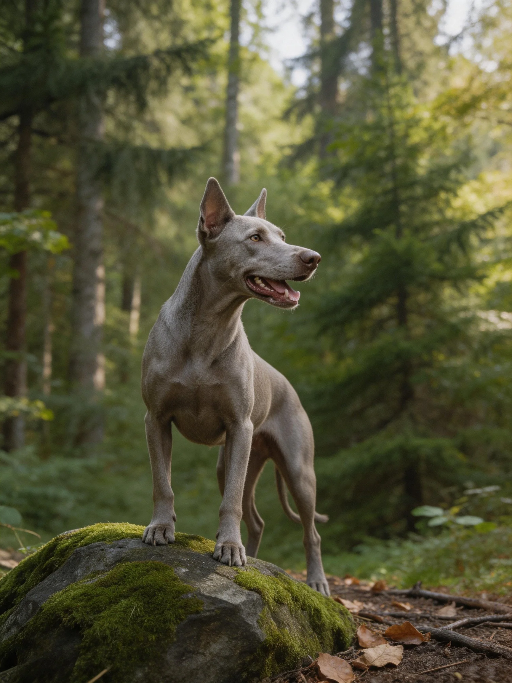 A sleek gray dog stands on a moss-covered rock in a sunlit forest
