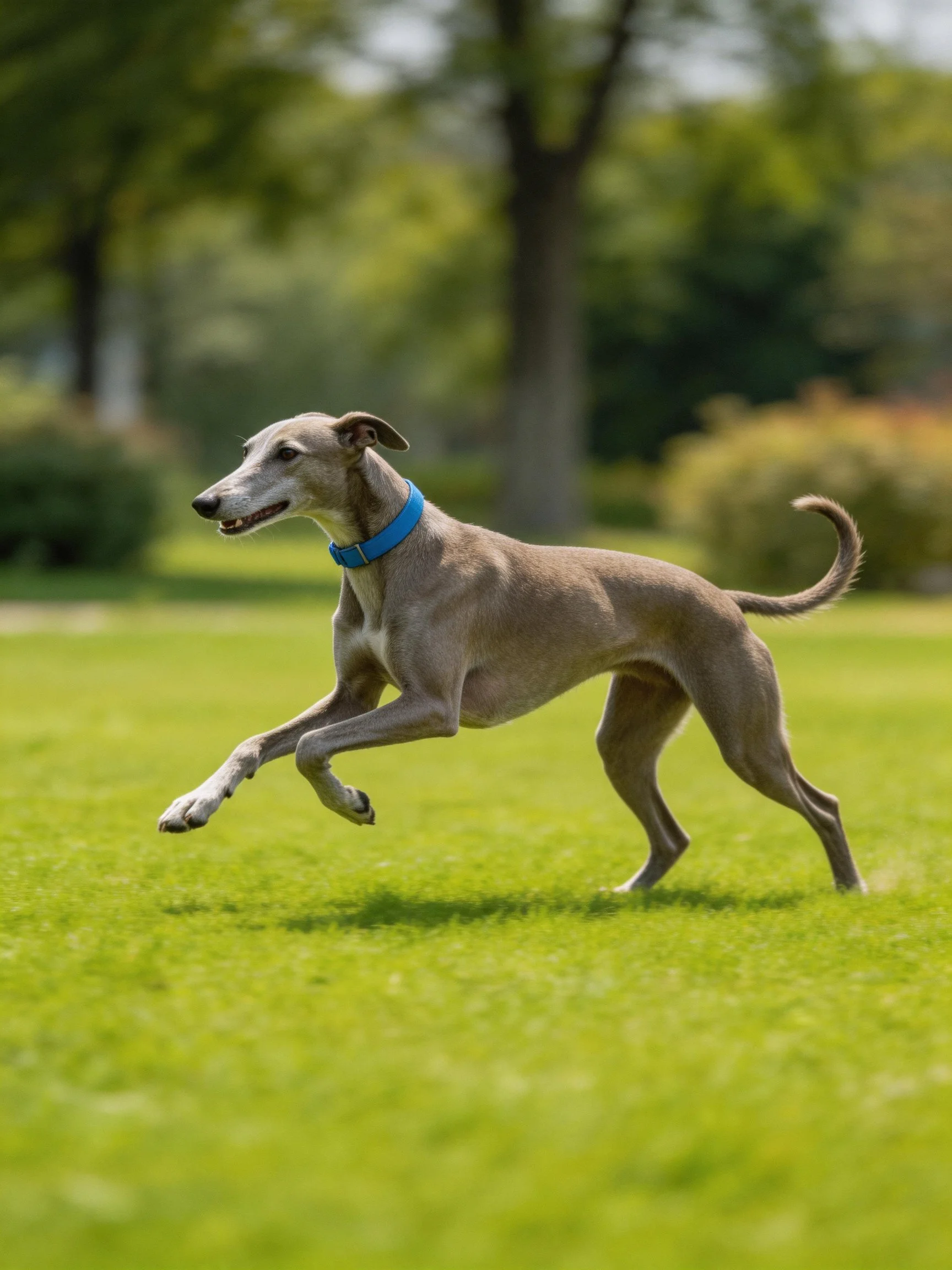 A sleek greyhound dog runs energetically on a lush green lawn
