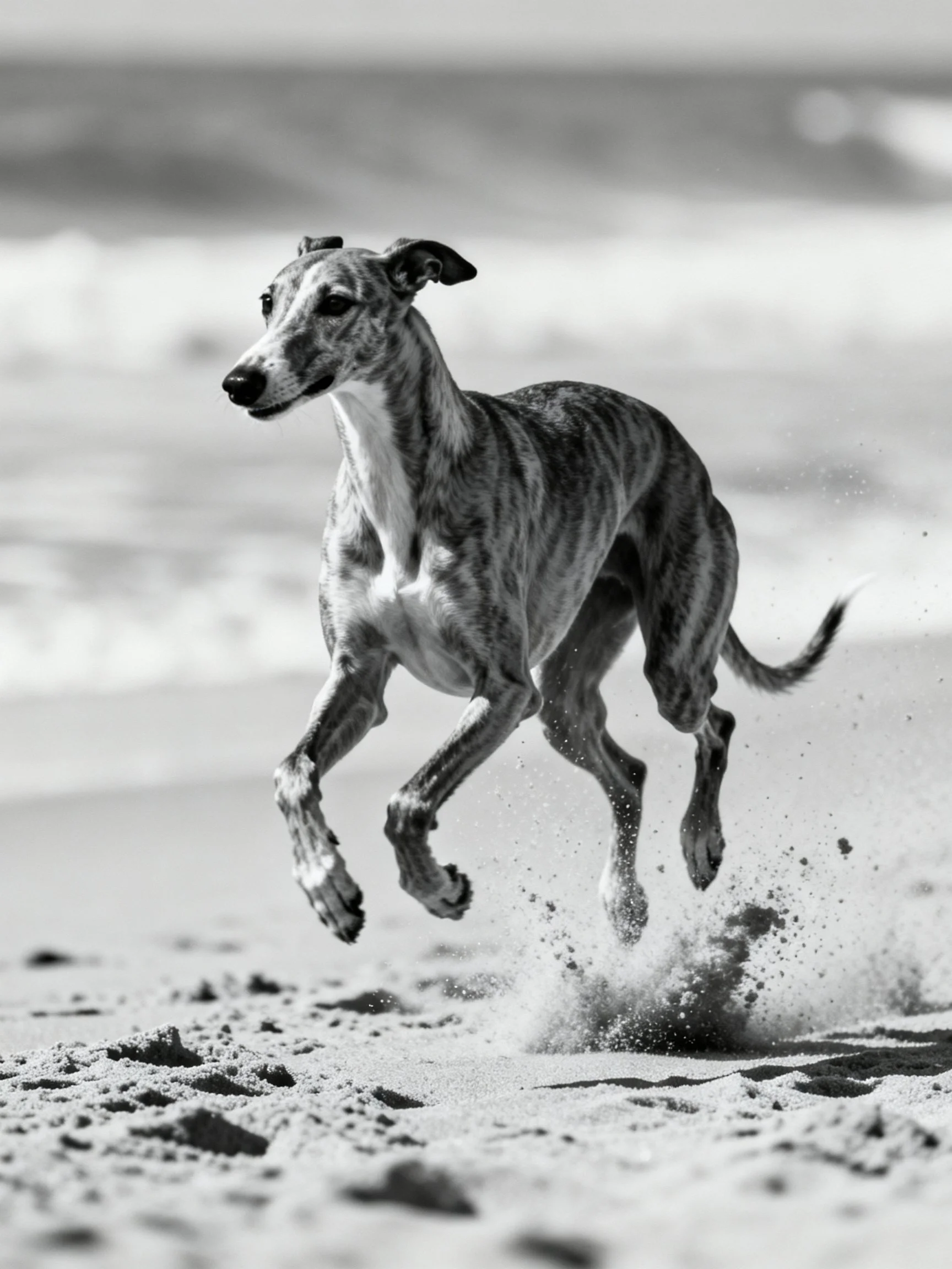 A sleek greyhound dog sprinting on a sandy beach shoreline