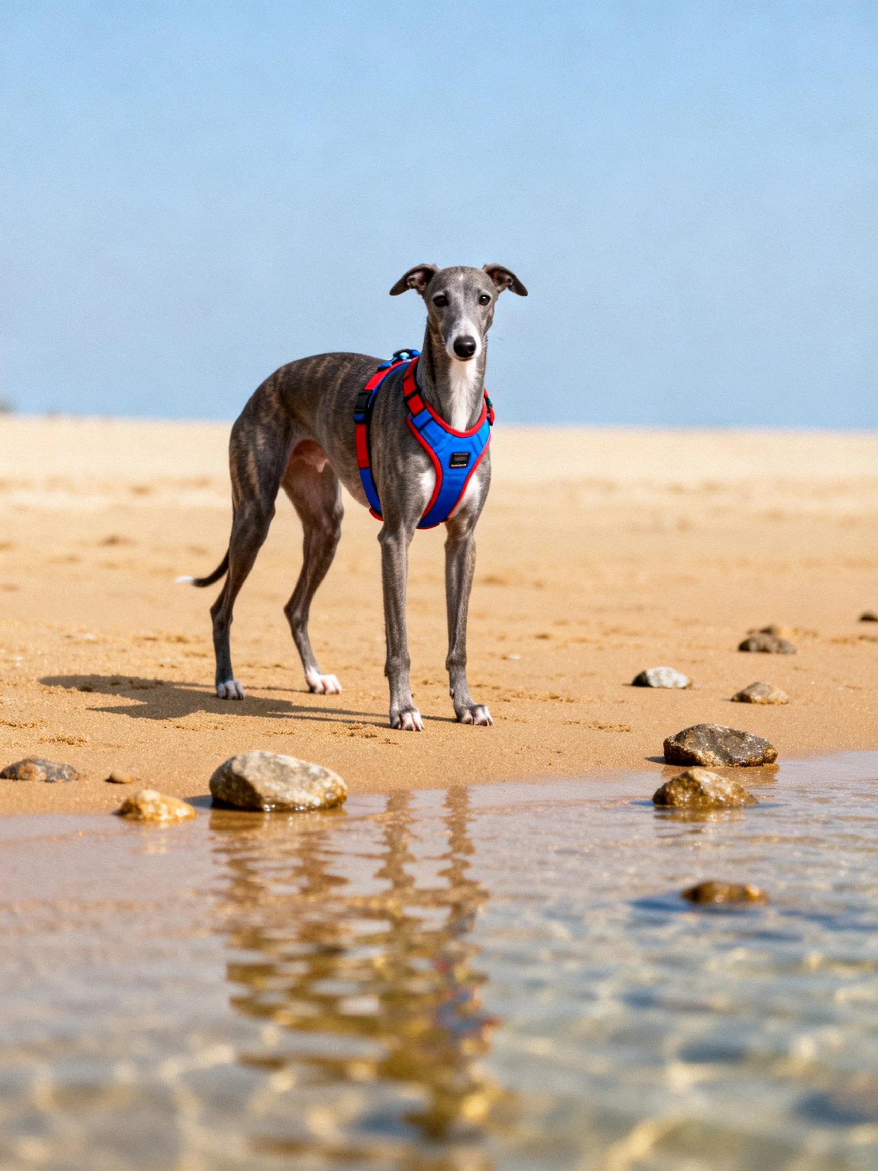 A sleek greyhound in a blue harness stands on a sandy shore