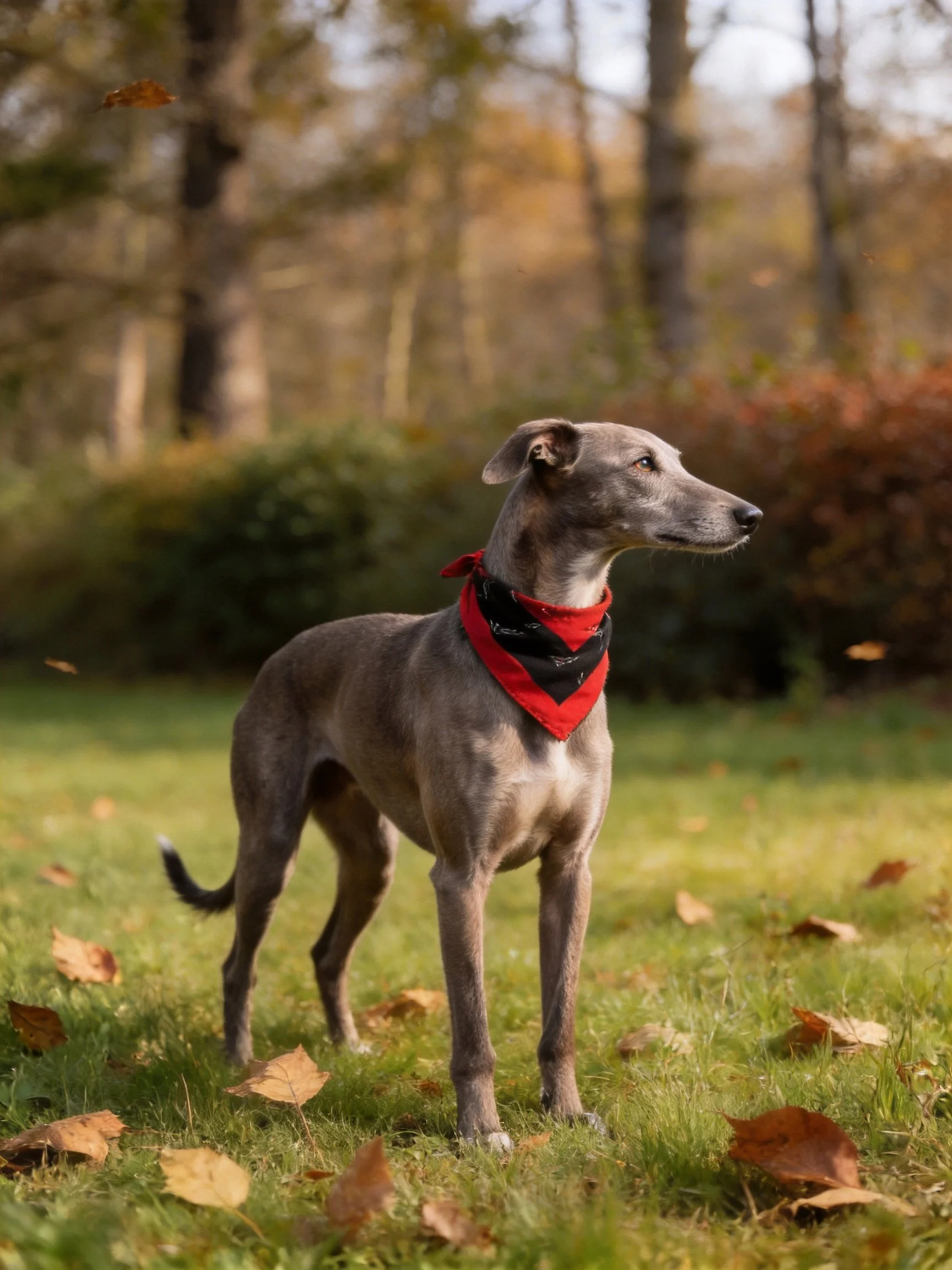 A sleek greyhound with a red-black bandana stands on grass amid autumn leaves