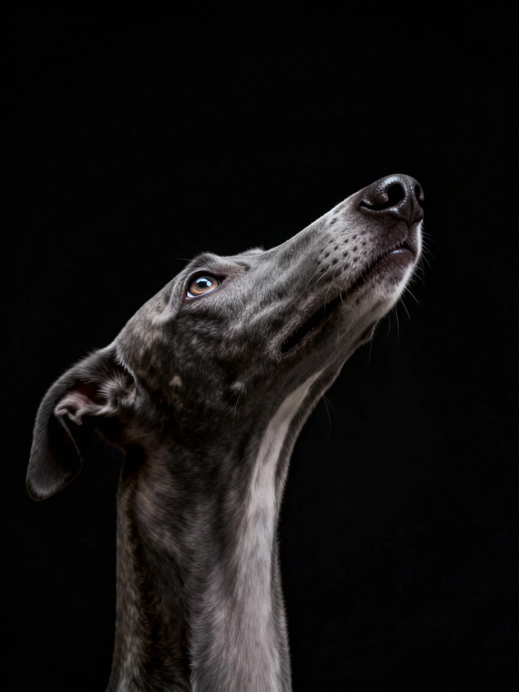 A sleek greyhound with dark grey fur gazes upward against a stark black backdrop
