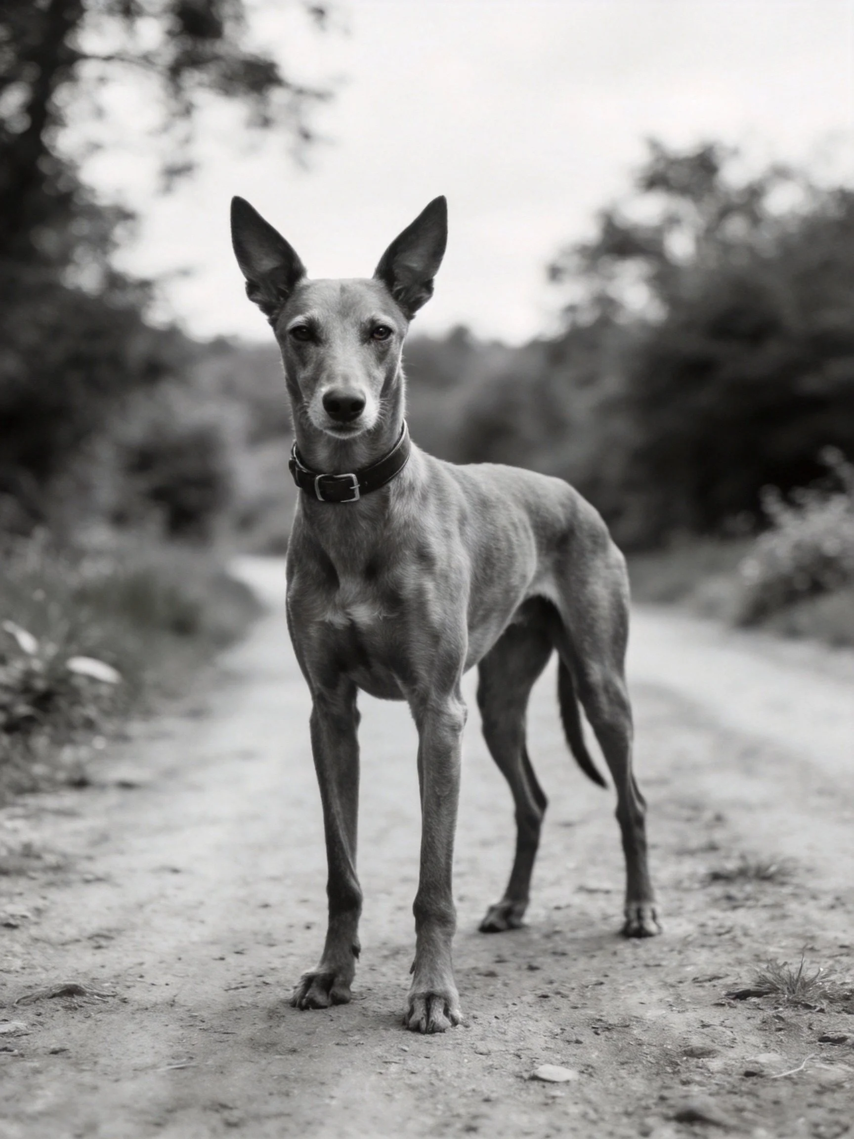 A sleek, lean dog stands on a dirt path