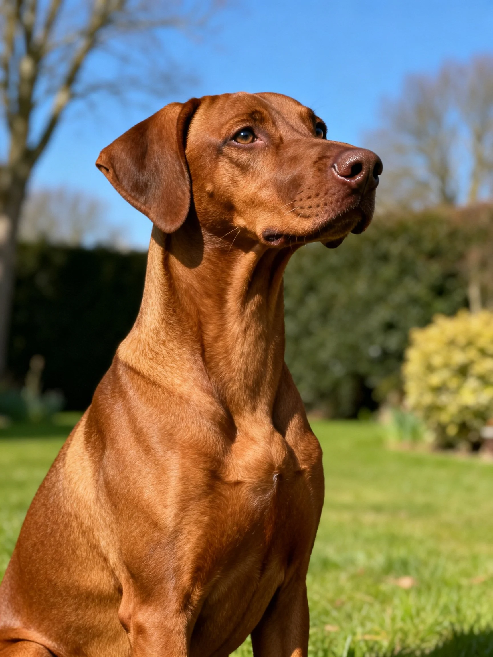 A sleek reddish-brown dog sits alertly in a sunny garden with greenery.