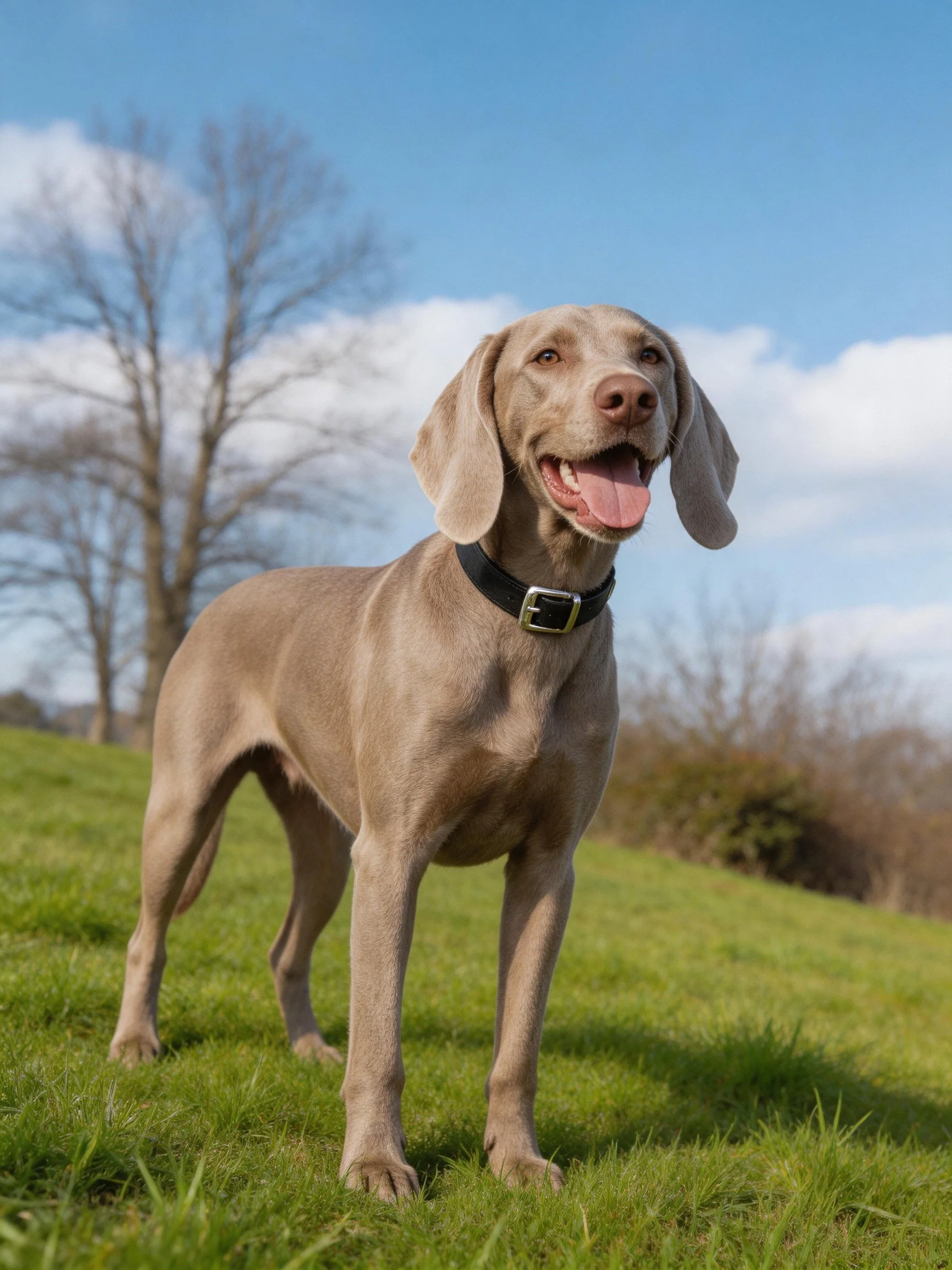 A sleek silver Weimaraner stands on vibrant green grass beneath a clear blue sky