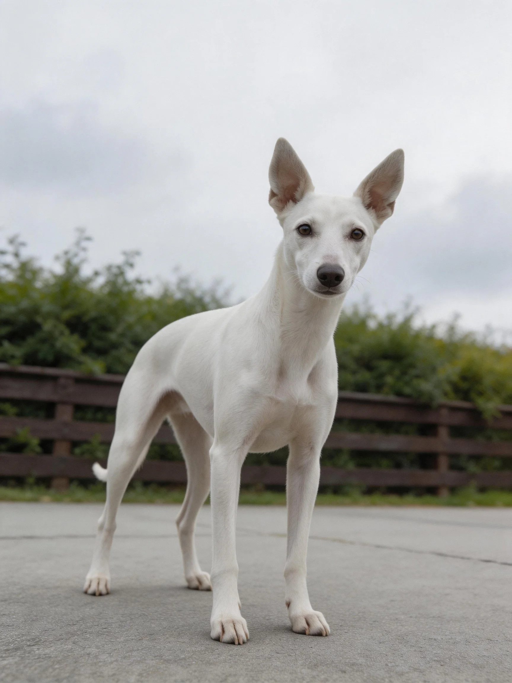 A white dog stands alertly on pavement with greenery and a wooden fence behind.