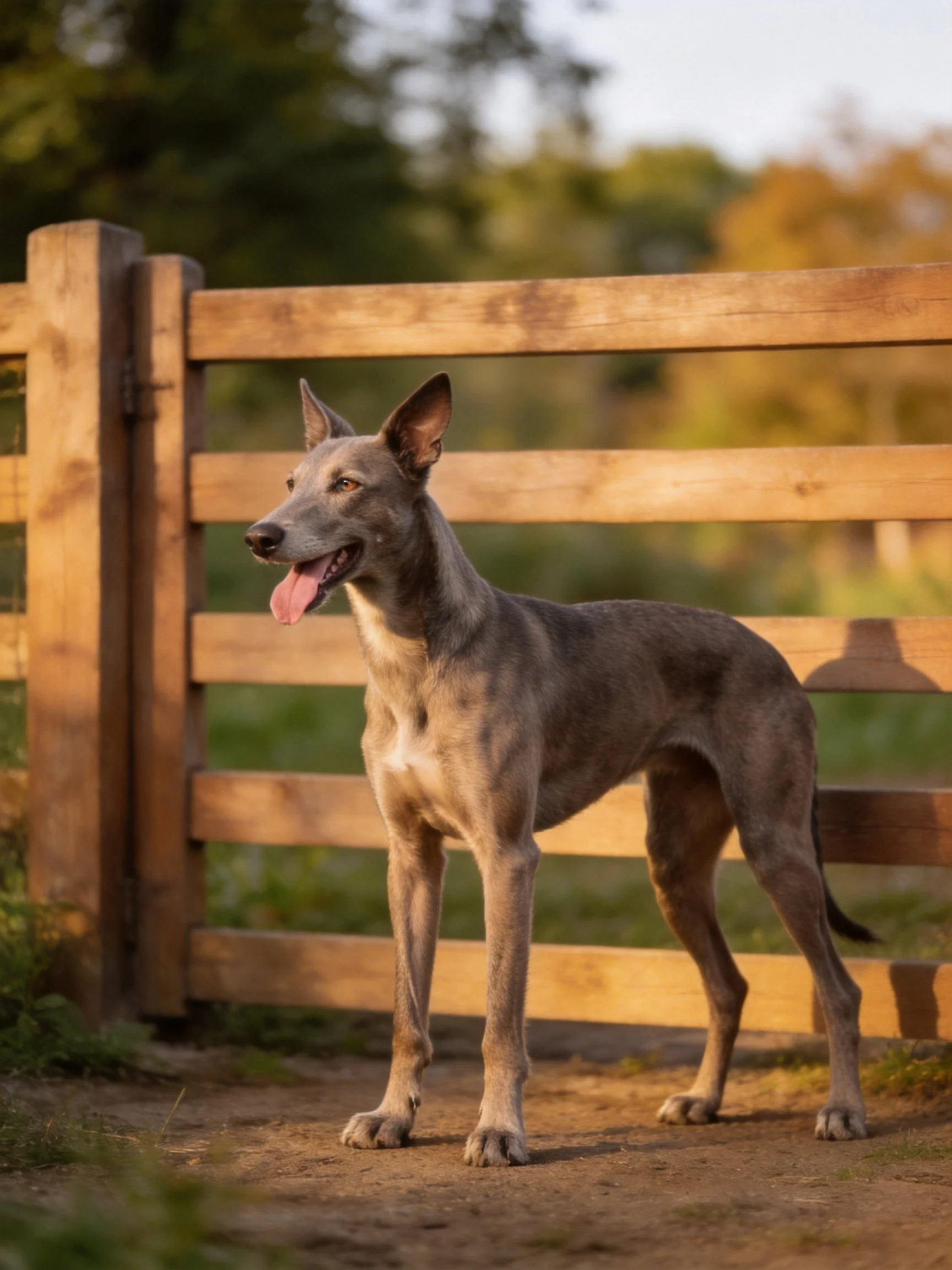 A sleek gray dog stands beside a wooden fence in warm sunlight.