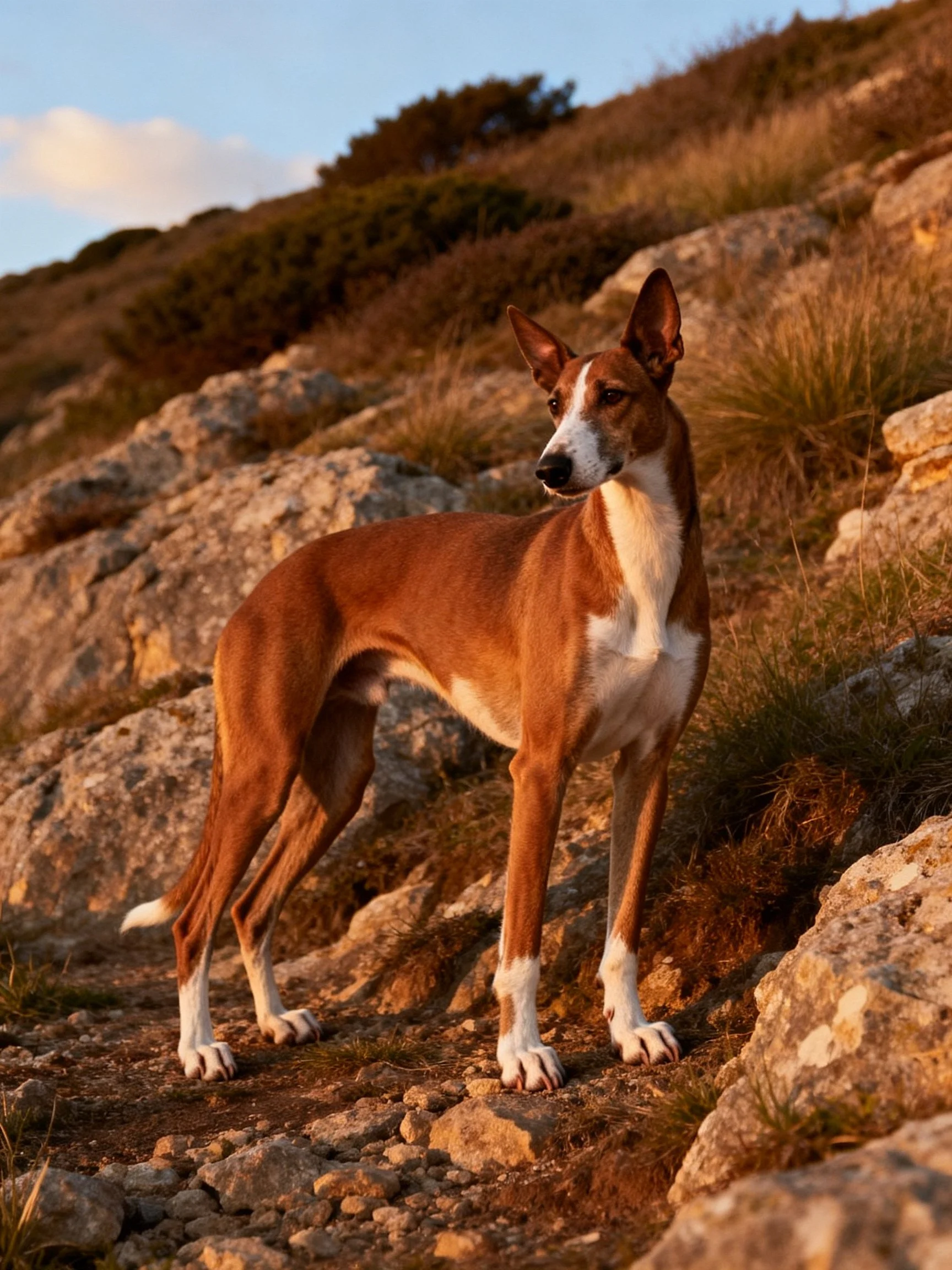 A slender brown and white dog stands on rocky terrain under golden light