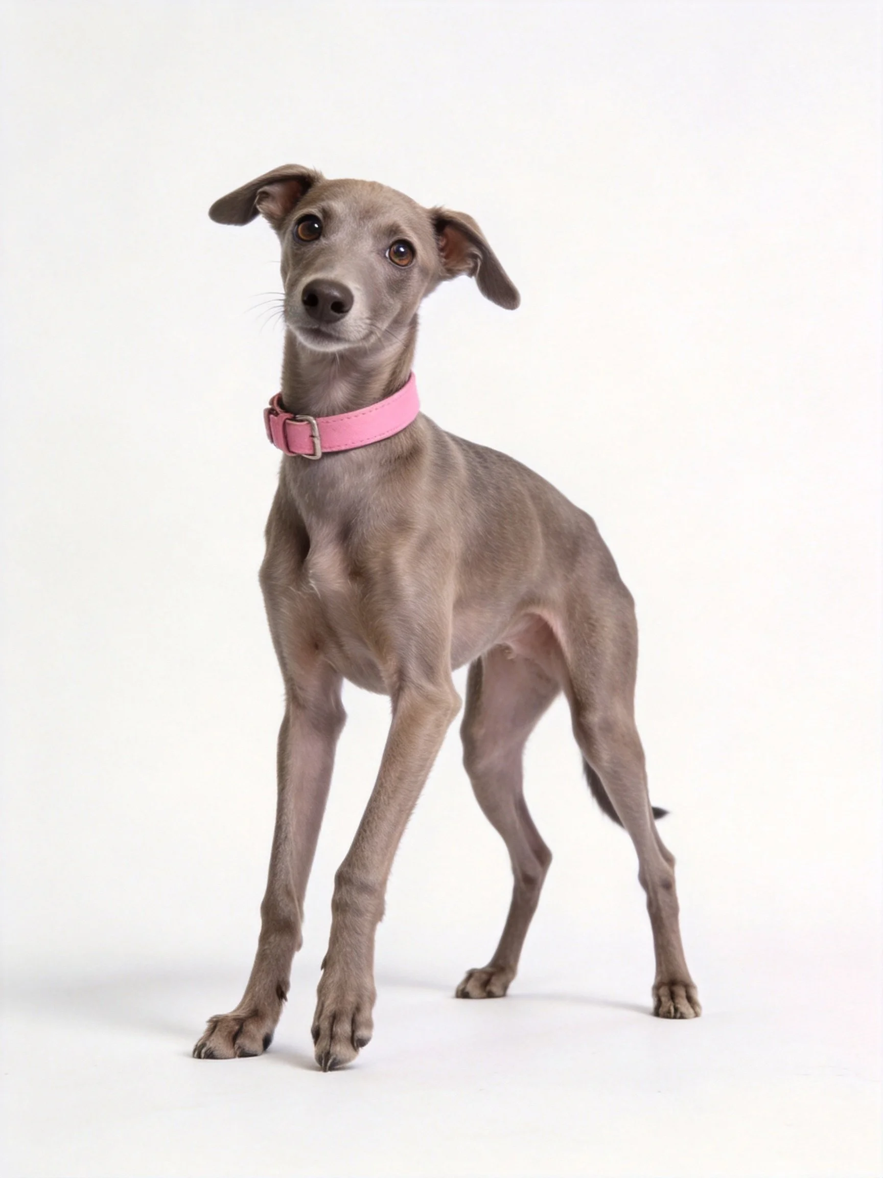 A slender grey dog wearing a pink collar stands on a white surface.