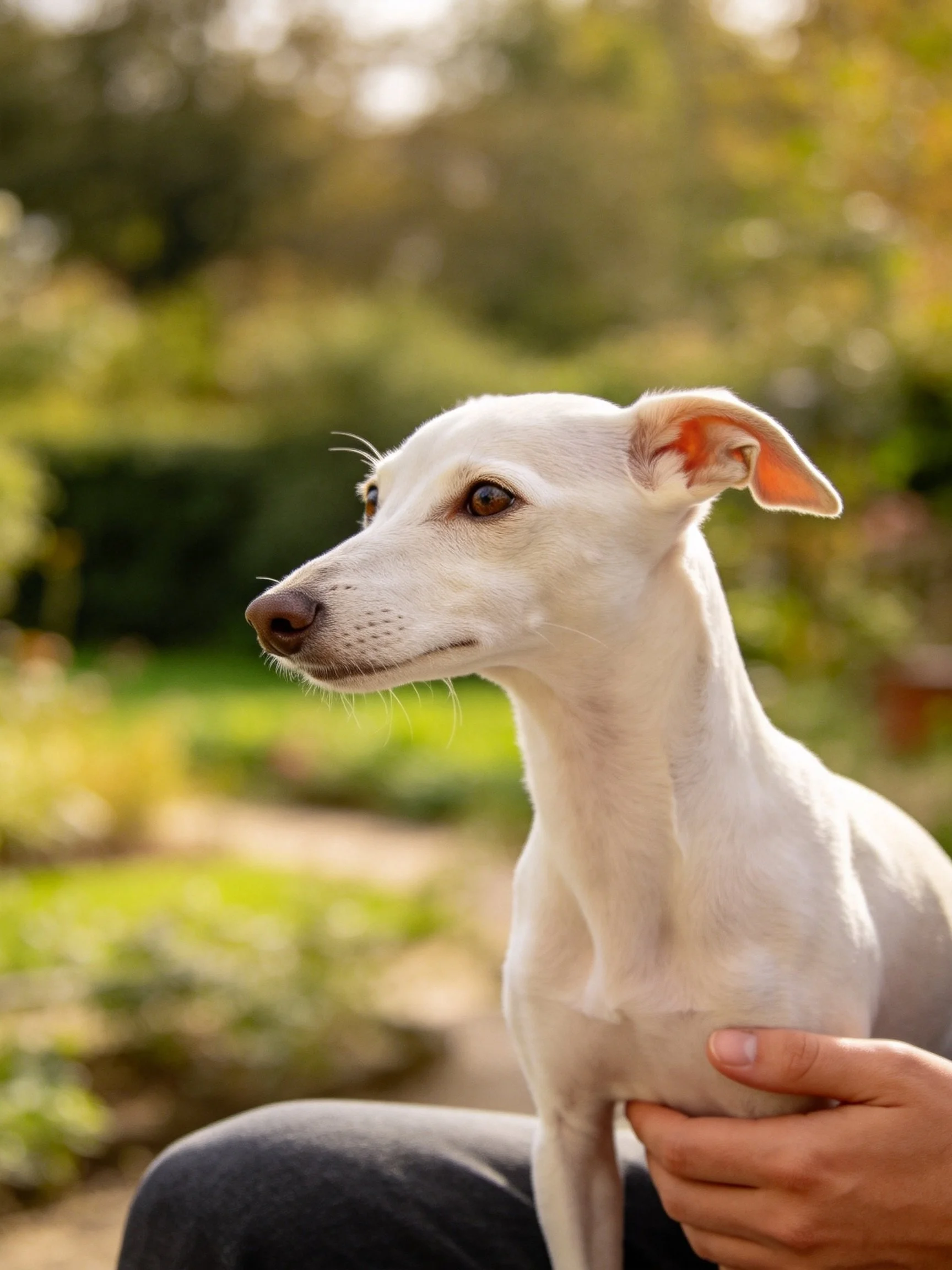 A slender white dog held in a sunlit garden
