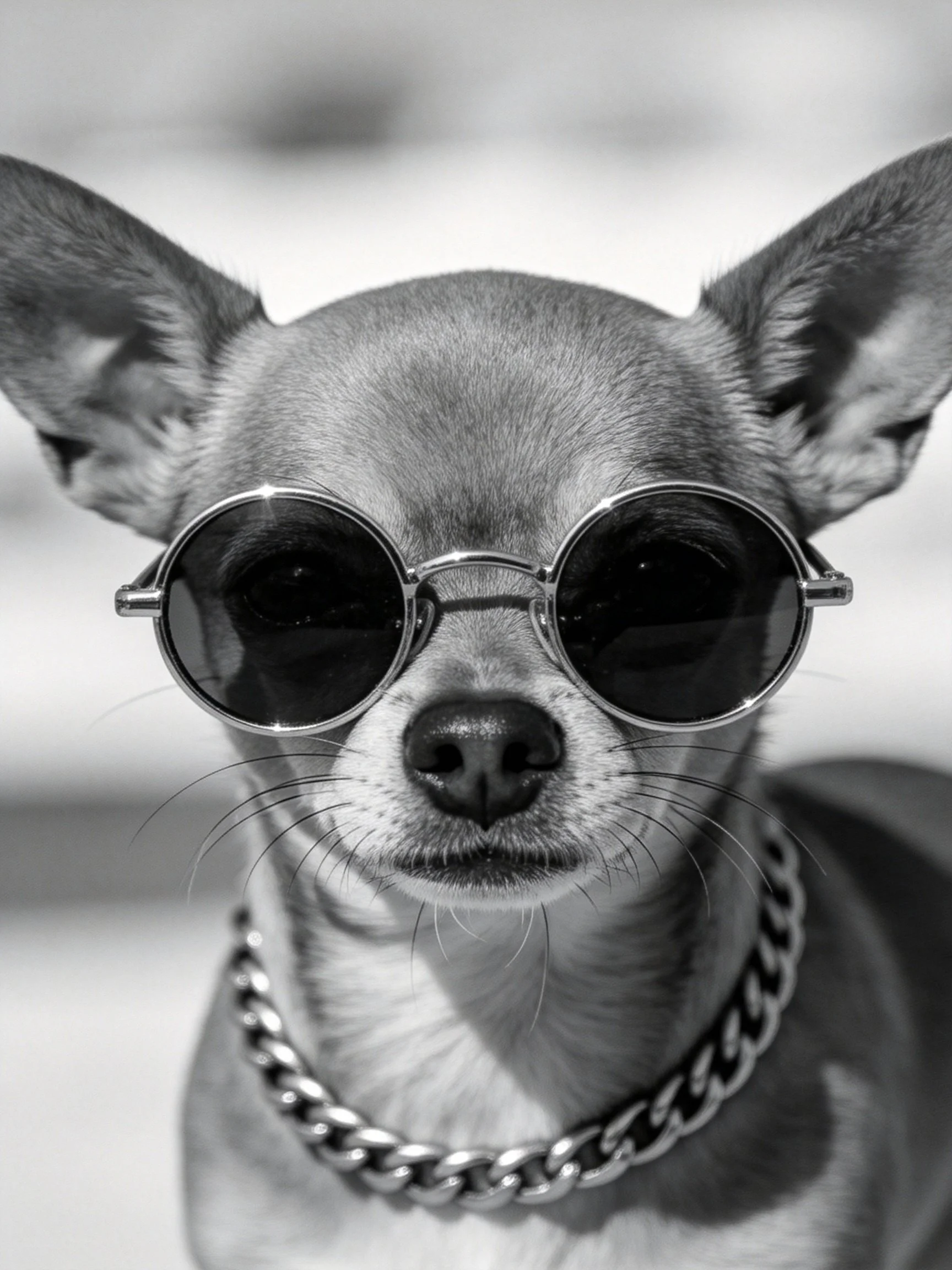 A small Chihuahua dog dons round sunglasses and a thick chain collar in a monochrome photograph.
