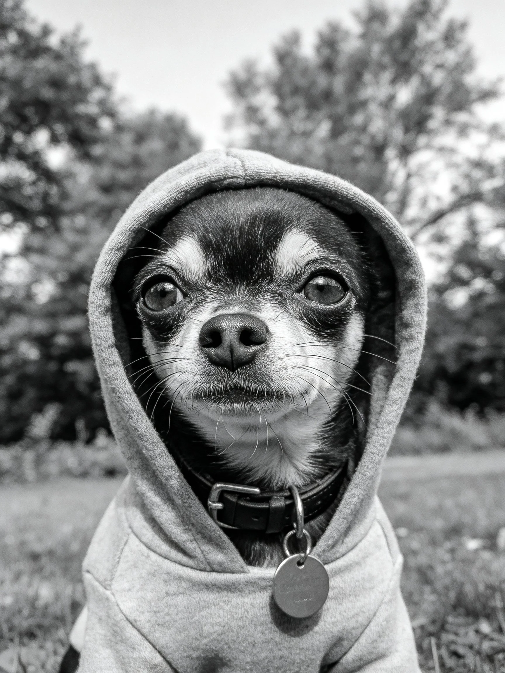 A small dog wears a hooded sweatshirt while standing near trees.