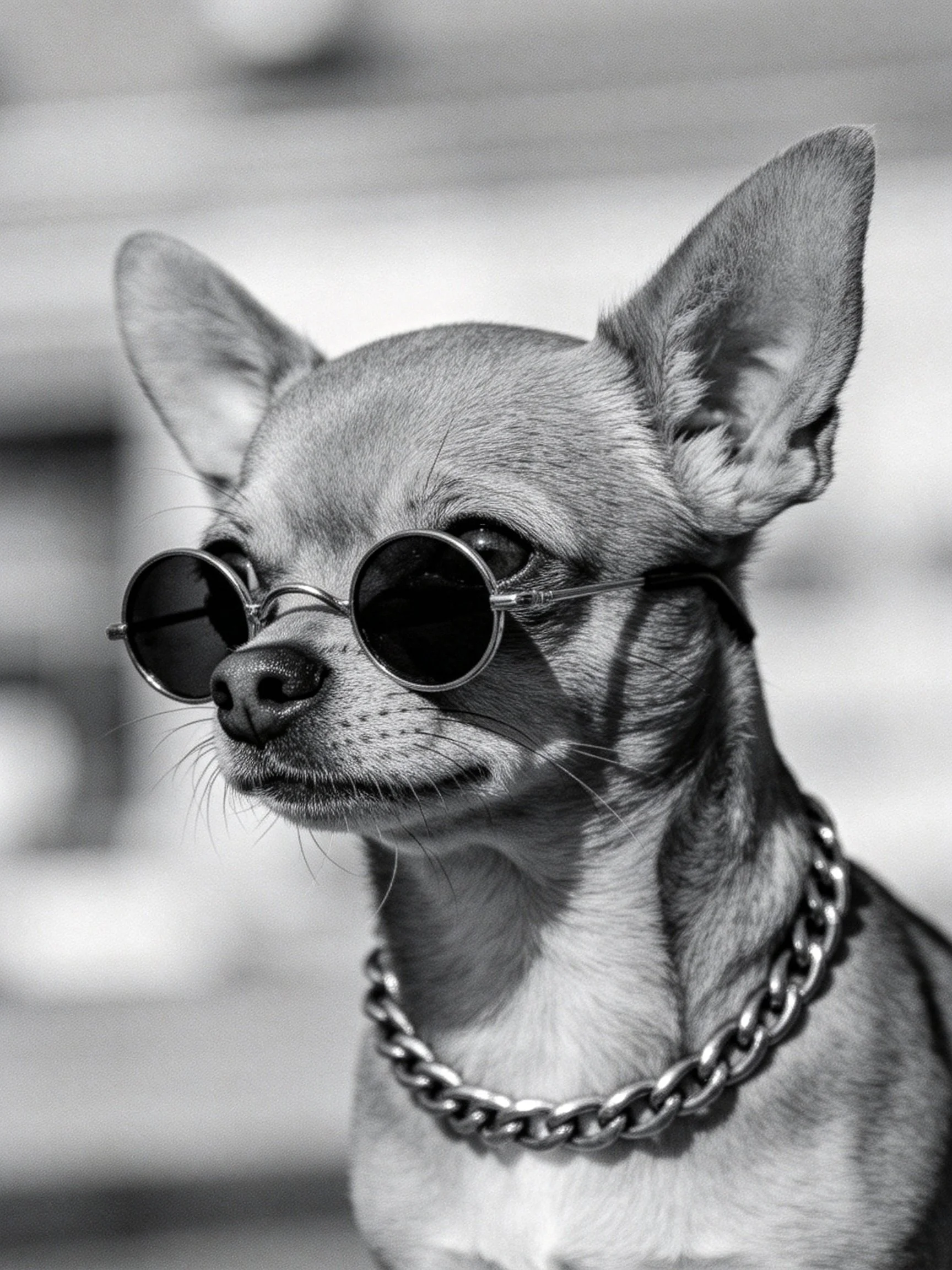 A small Chihuahua dons round sunglasses and a thick chain collar in a monochrome photograph.