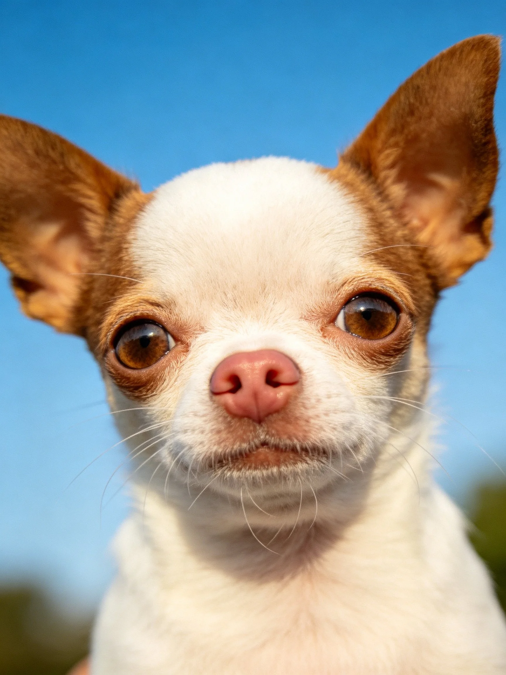 A close - up of a Chihuahua with brown ears and large eyes set against a bright blue sky