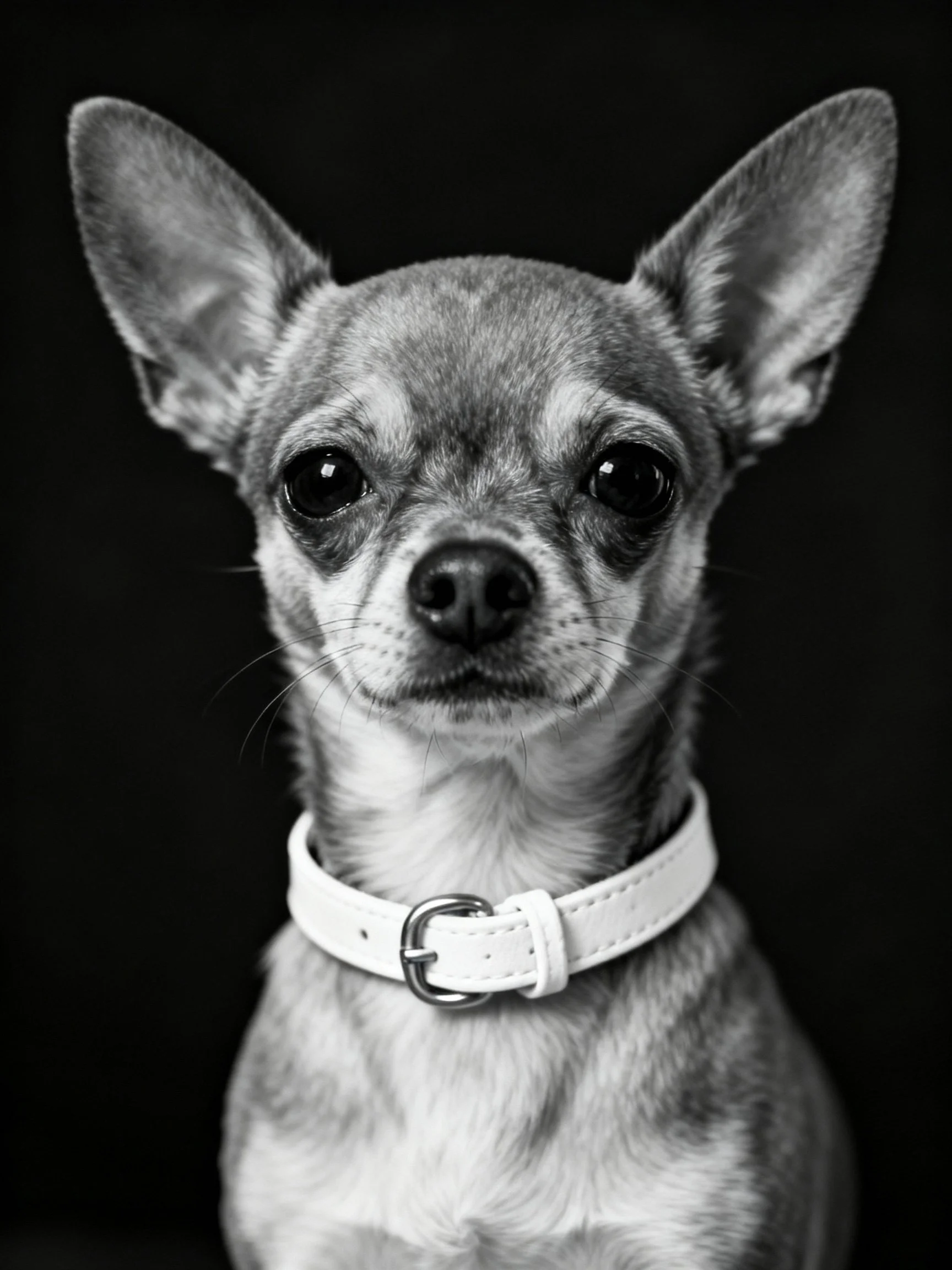 A small Chihuahua with upright ears wears a white collar against a dark background