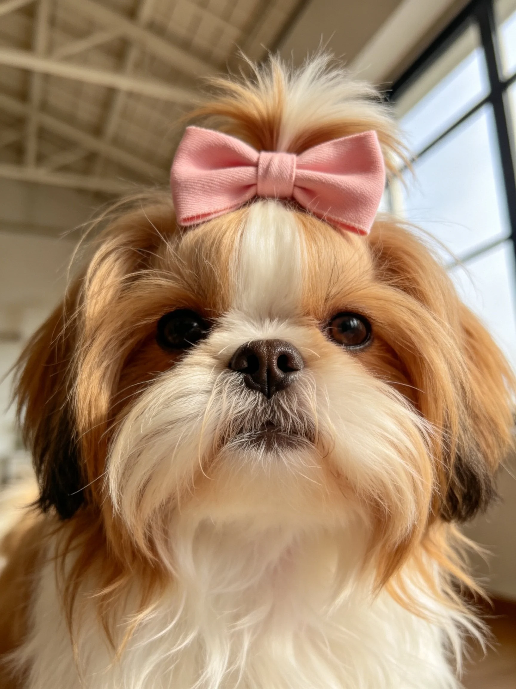 A small Shih Tzu with brown and white fur wears a pink bow indoors near large windows.