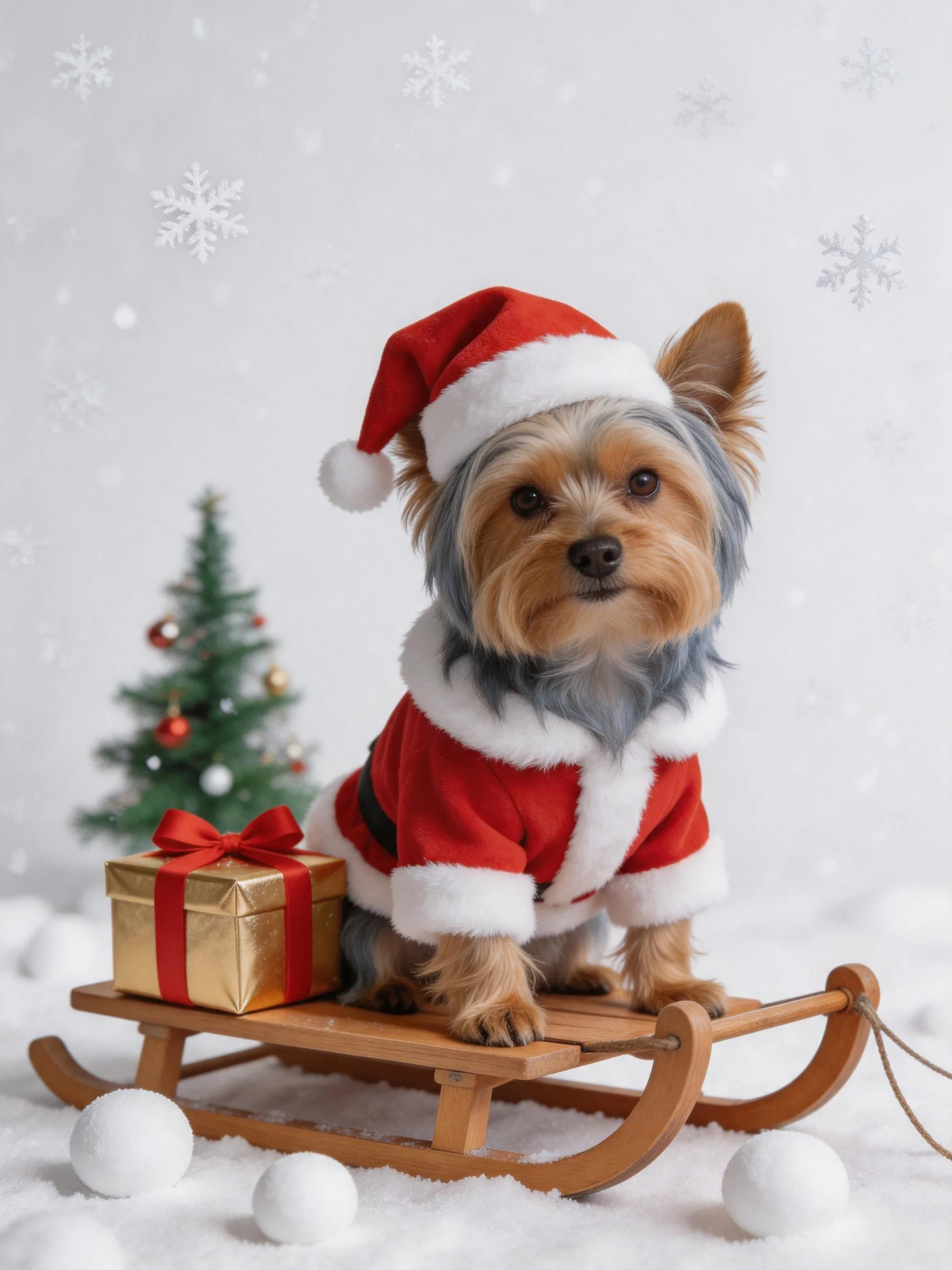 A small Yorkshire Terrier in Santa attire sits on a wooden sled with a gold gift box