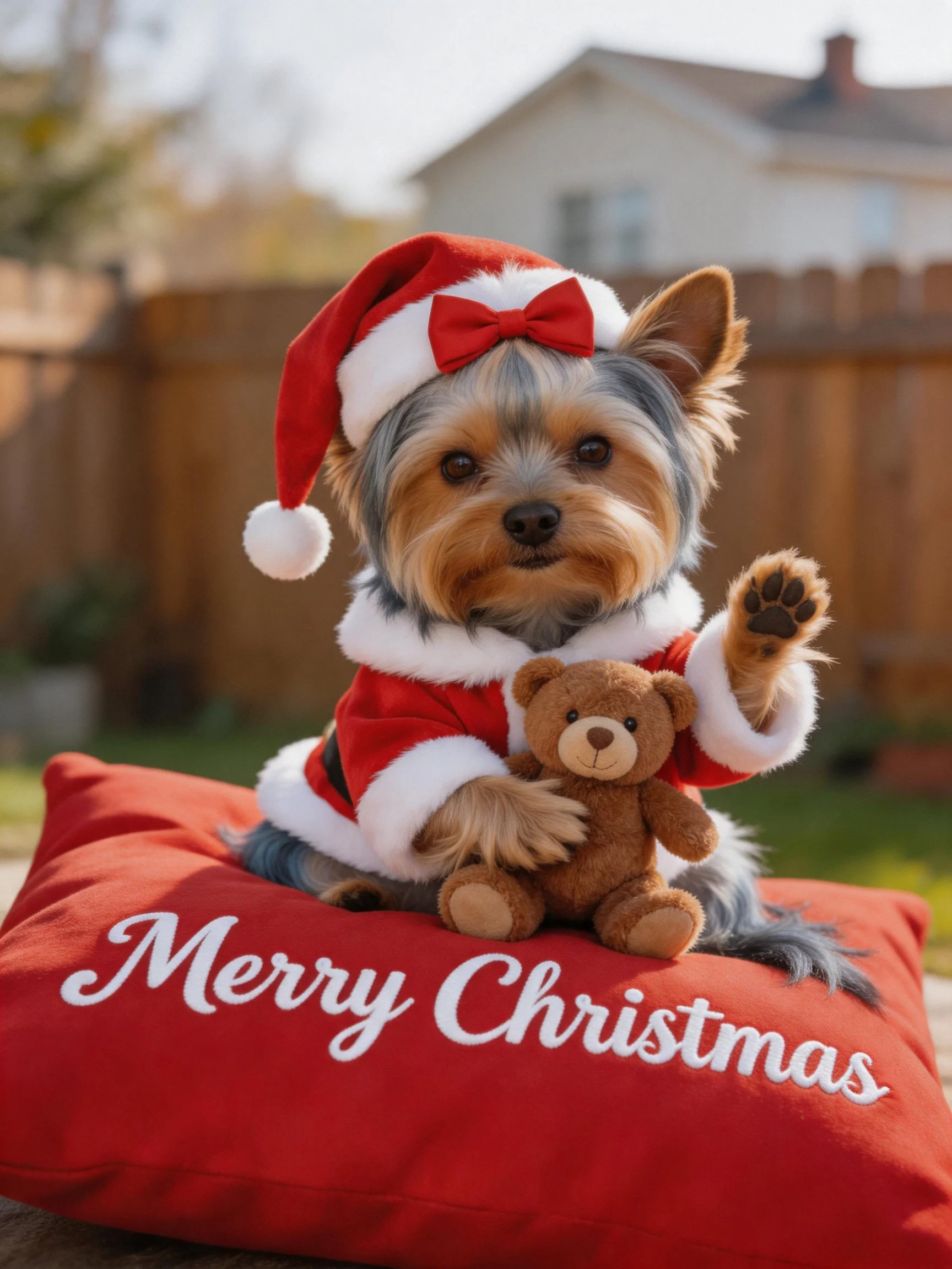 A small Yorkshire Terrier in Santa clothing holds a brown teddy bear on a red cushion.
