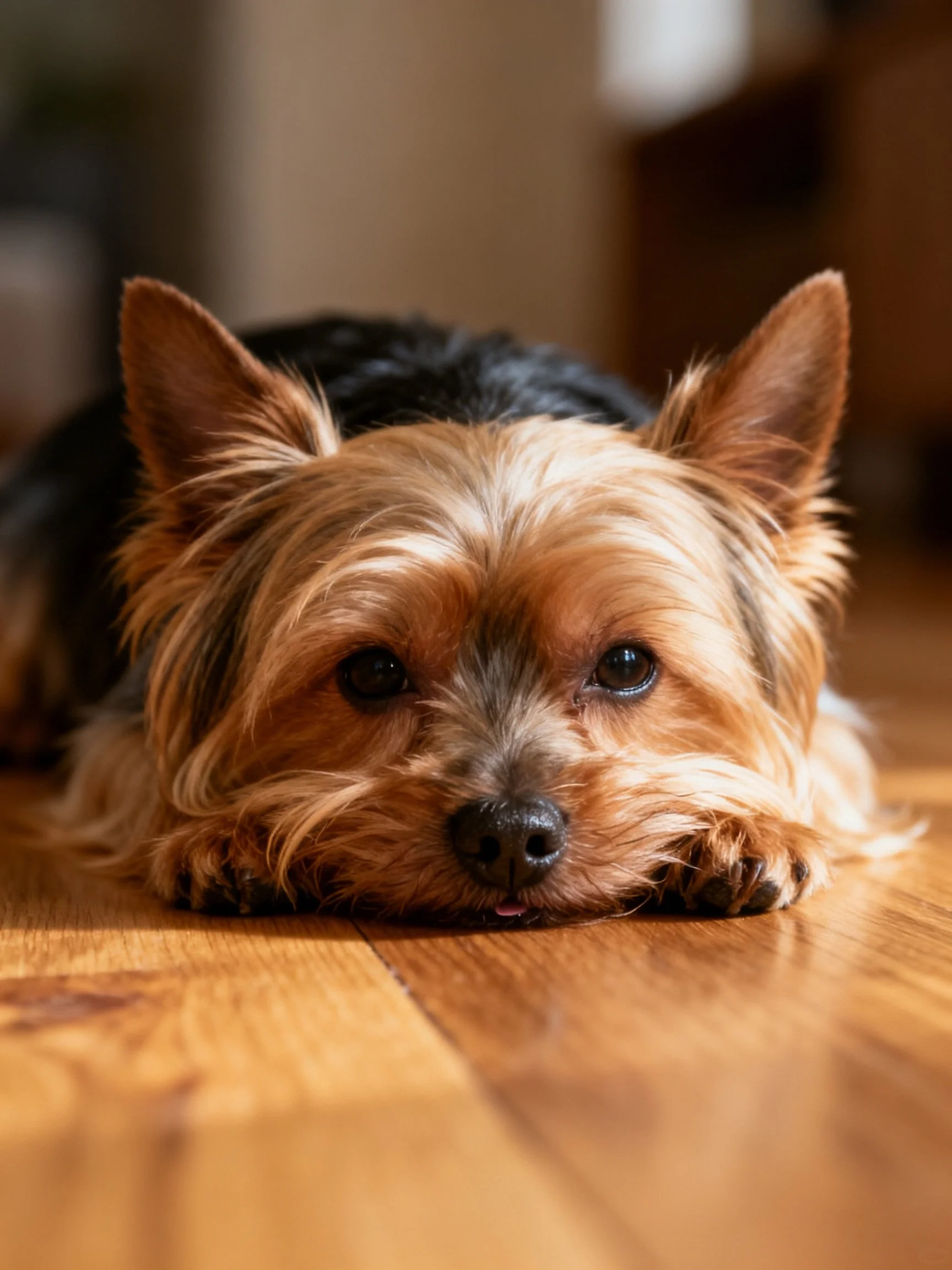 A small Yorkshire Terrier rests on a polished wooden floor