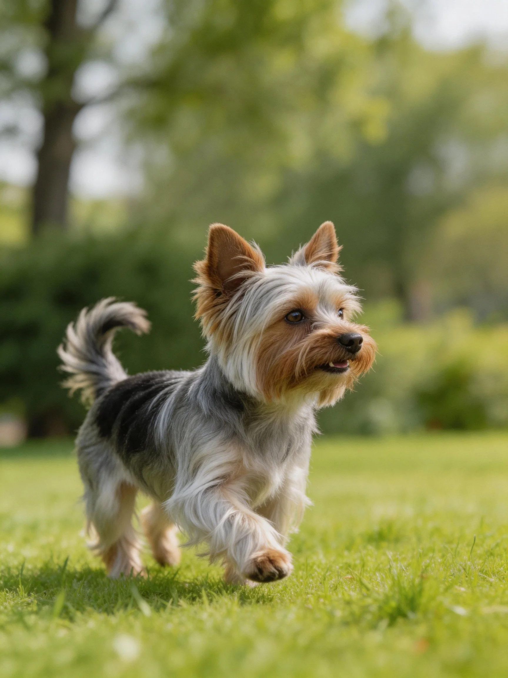 A small Yorkshire Terrier runs energetically on lush green grass