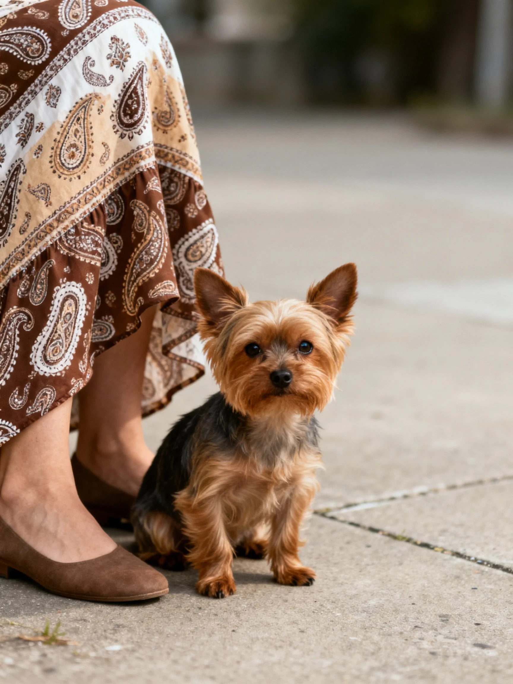 A small Yorkshire Terrier sits calmly next to a person in a brown paisley dress.