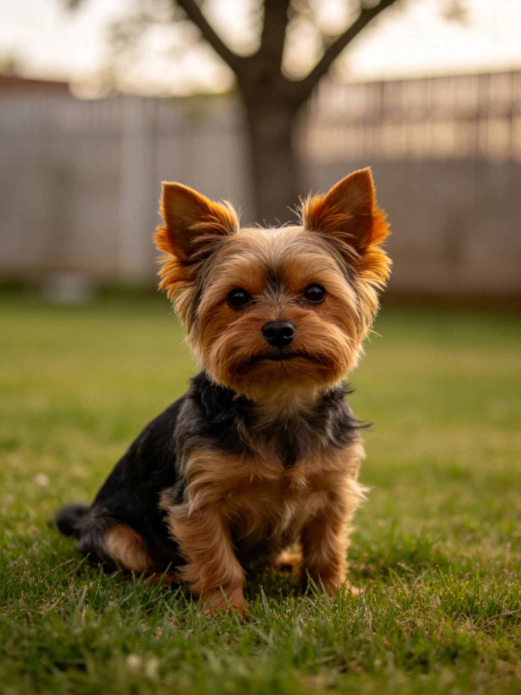 A small Yorkshire Terrier sits calmly on green grass in an outdoor area.