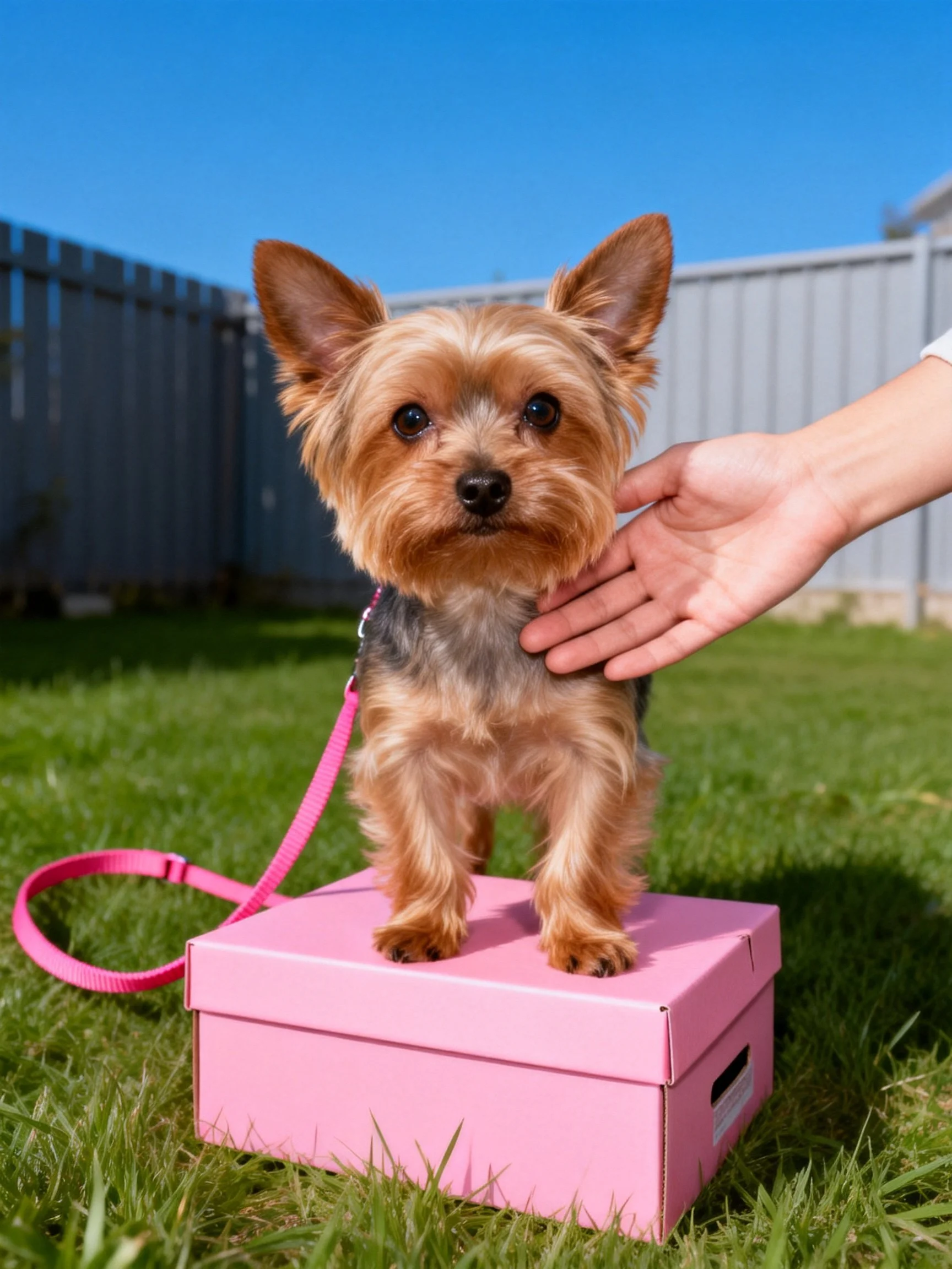 A small dog stands on a pink box while being petted outside