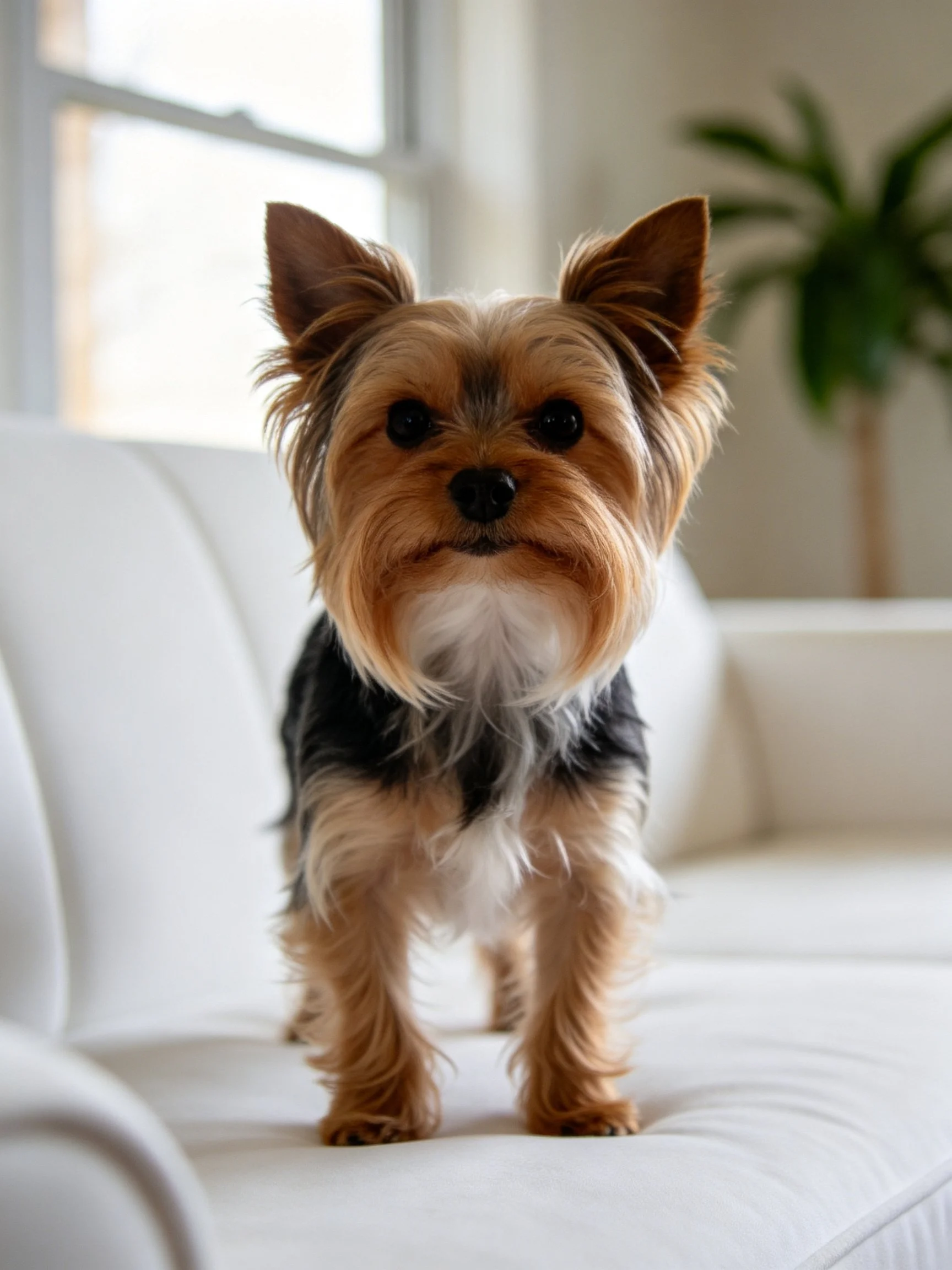 A small Yorkshire Terrier stands on a white couch in a well-lit living space.