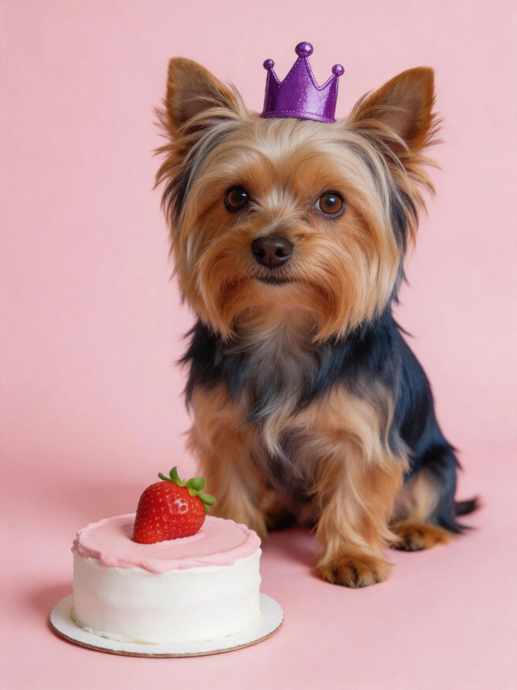 A small Yorkshire Terrier wears a purple crown beside a pink-frosted cake