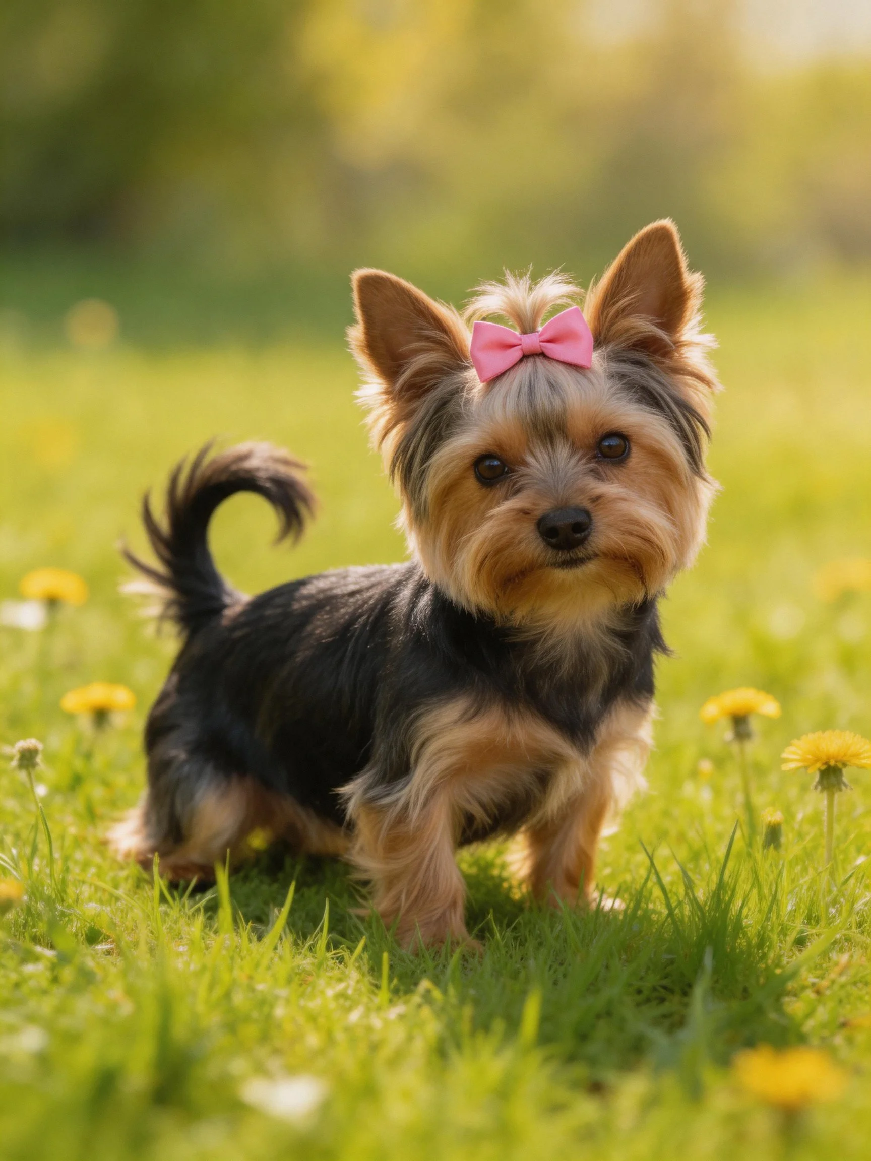 A small Yorkshire Terrier with a pink bow stands on green grass amid yellow flowers