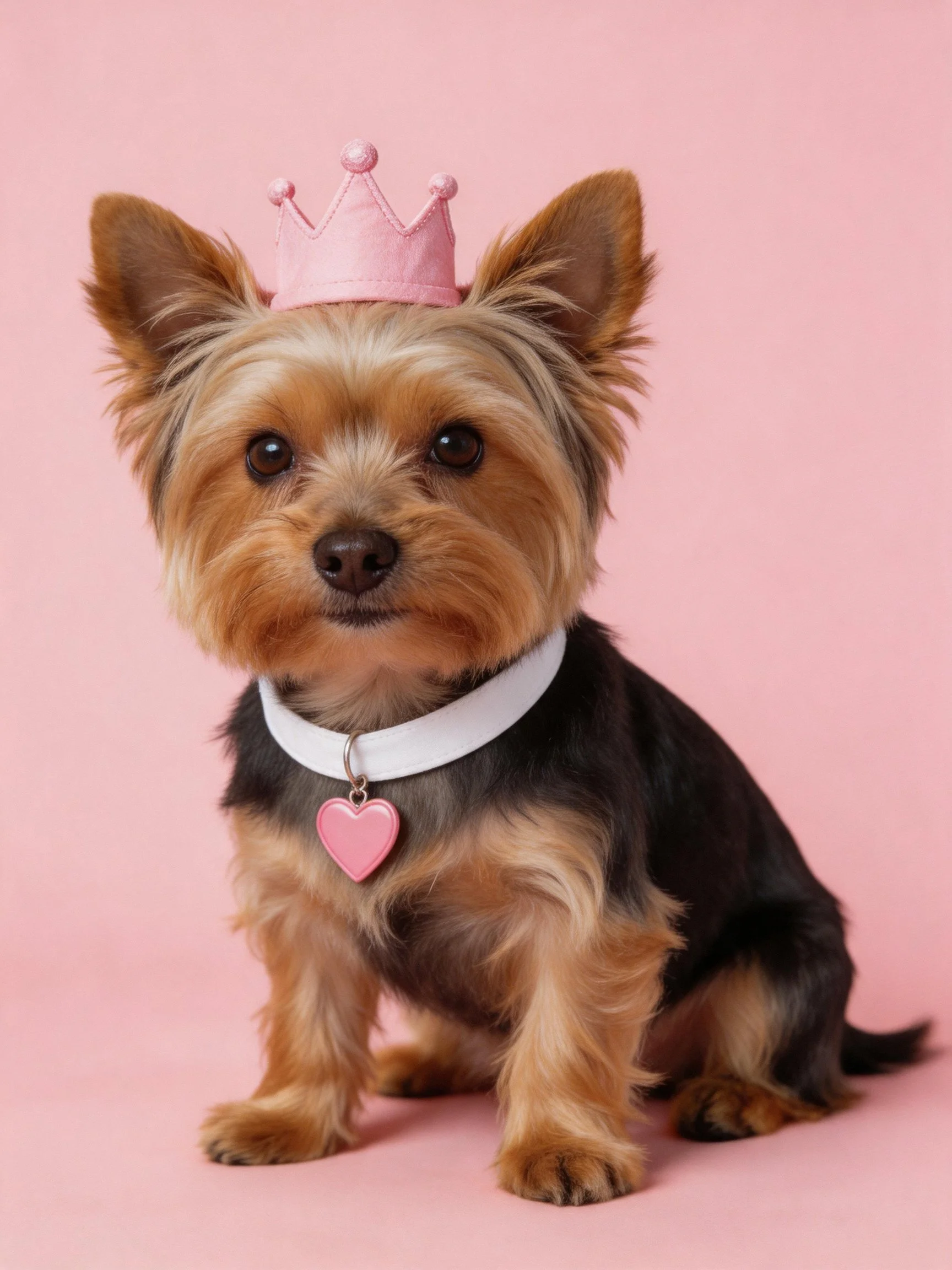 A small Yorkshire Terrier sits wearing a pink crown and heart - shaped tag