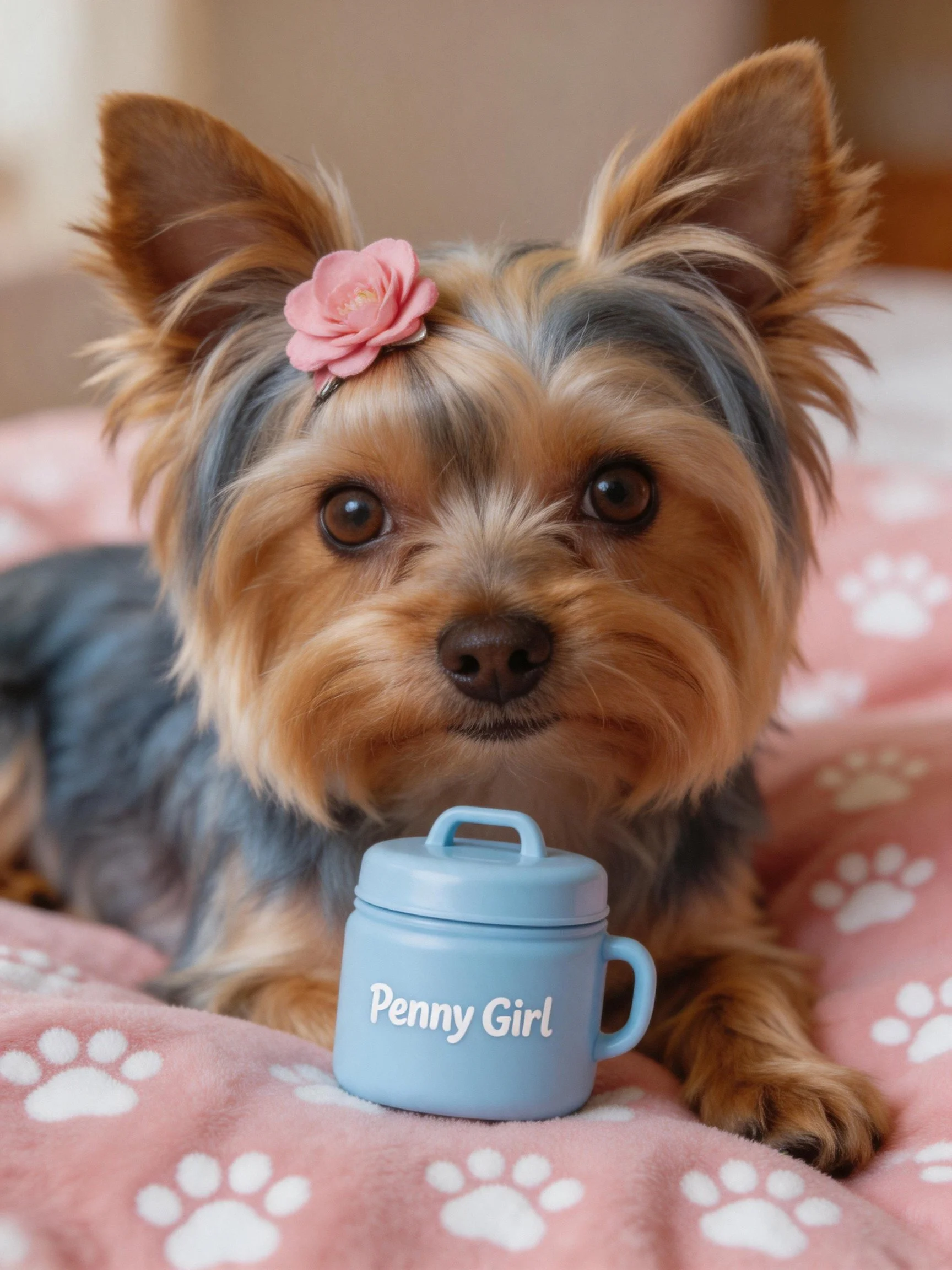 A small Yorkshire Terrier rests on a pink paw-print blanket next to a blue Penny Girl container