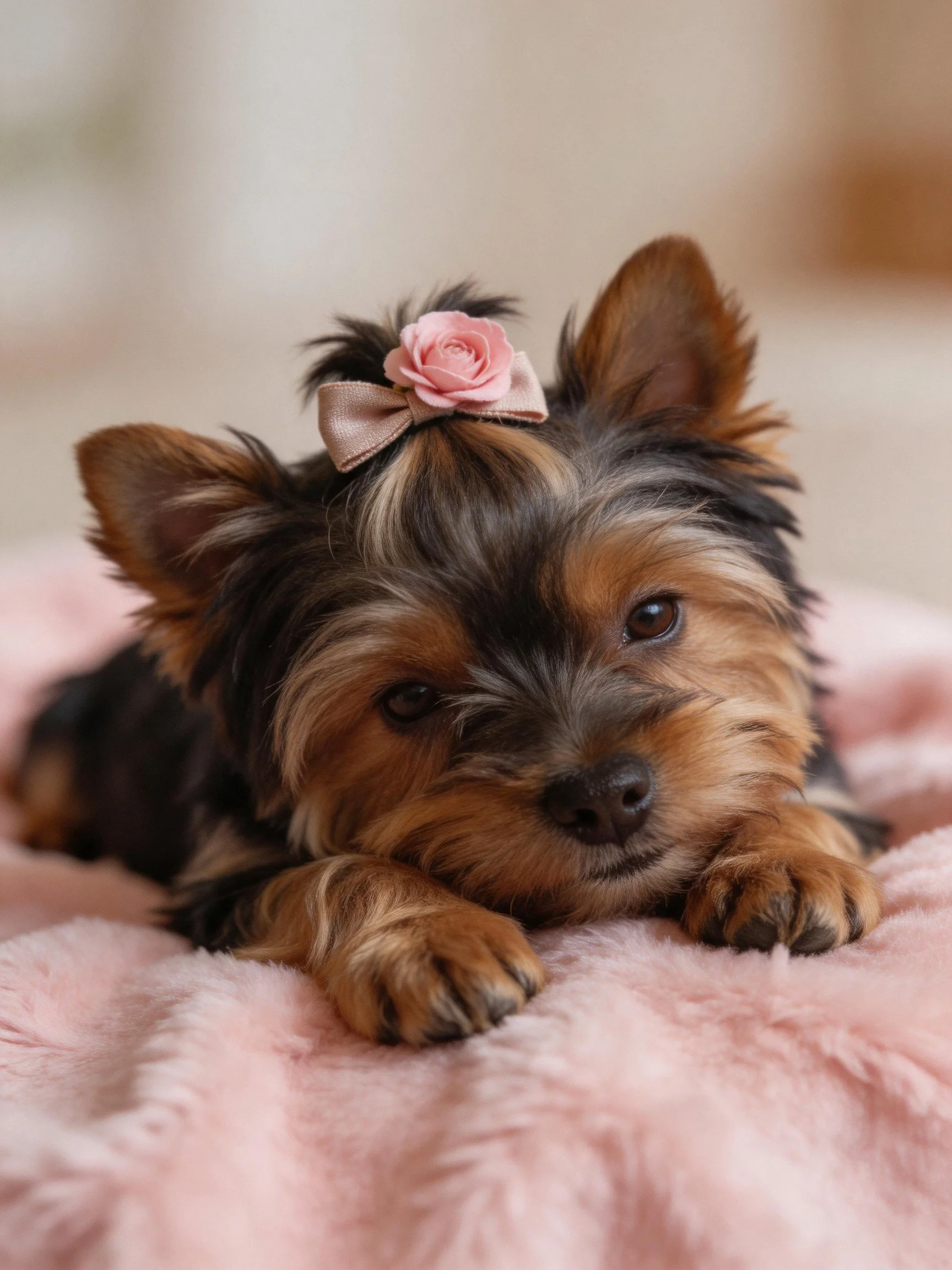 A small dog wearing a pink flower accessory relaxes on a soft blanket.