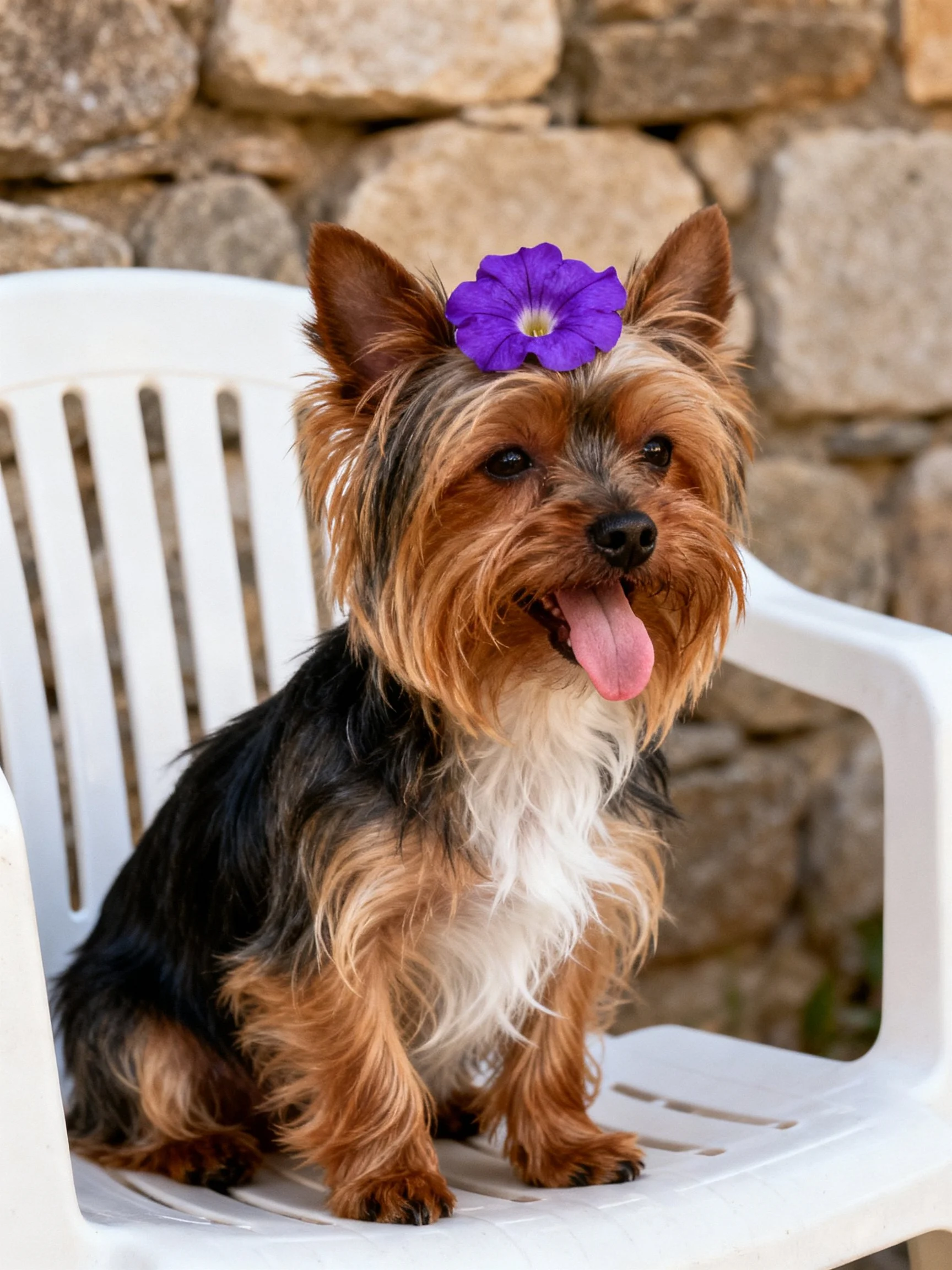 A small Yorkshire Terrier wearing a purple flower sits on a white chair near a stone wall