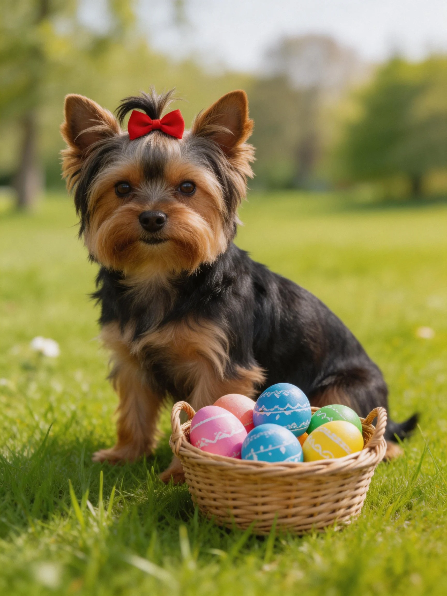 A small Yorkshire Terrier with a red bow sits near a basket of colorful Easter eggs