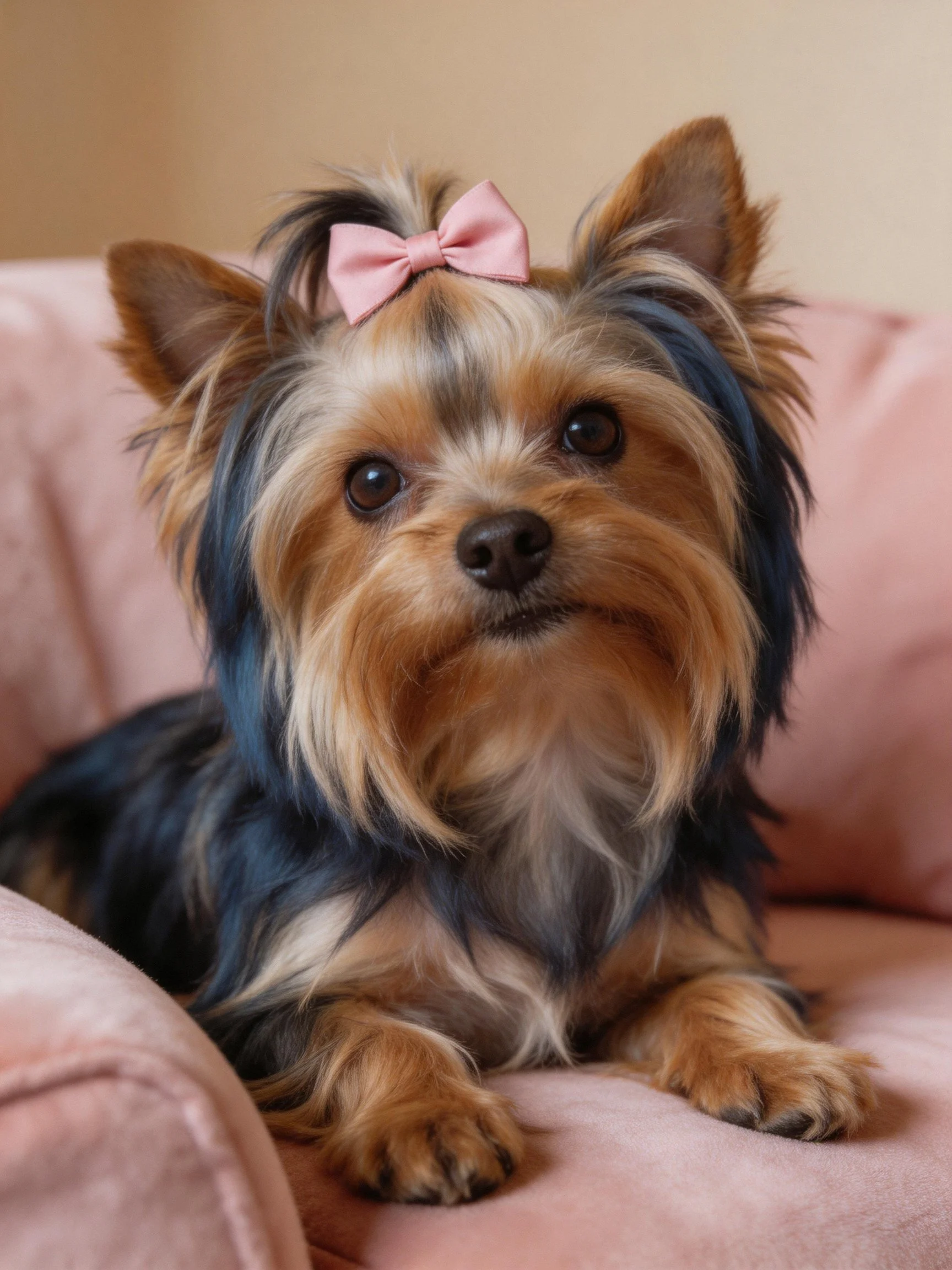 A small Yorkshire Terrier with blue and tan fur wearing a pink bow sits on a pink couch