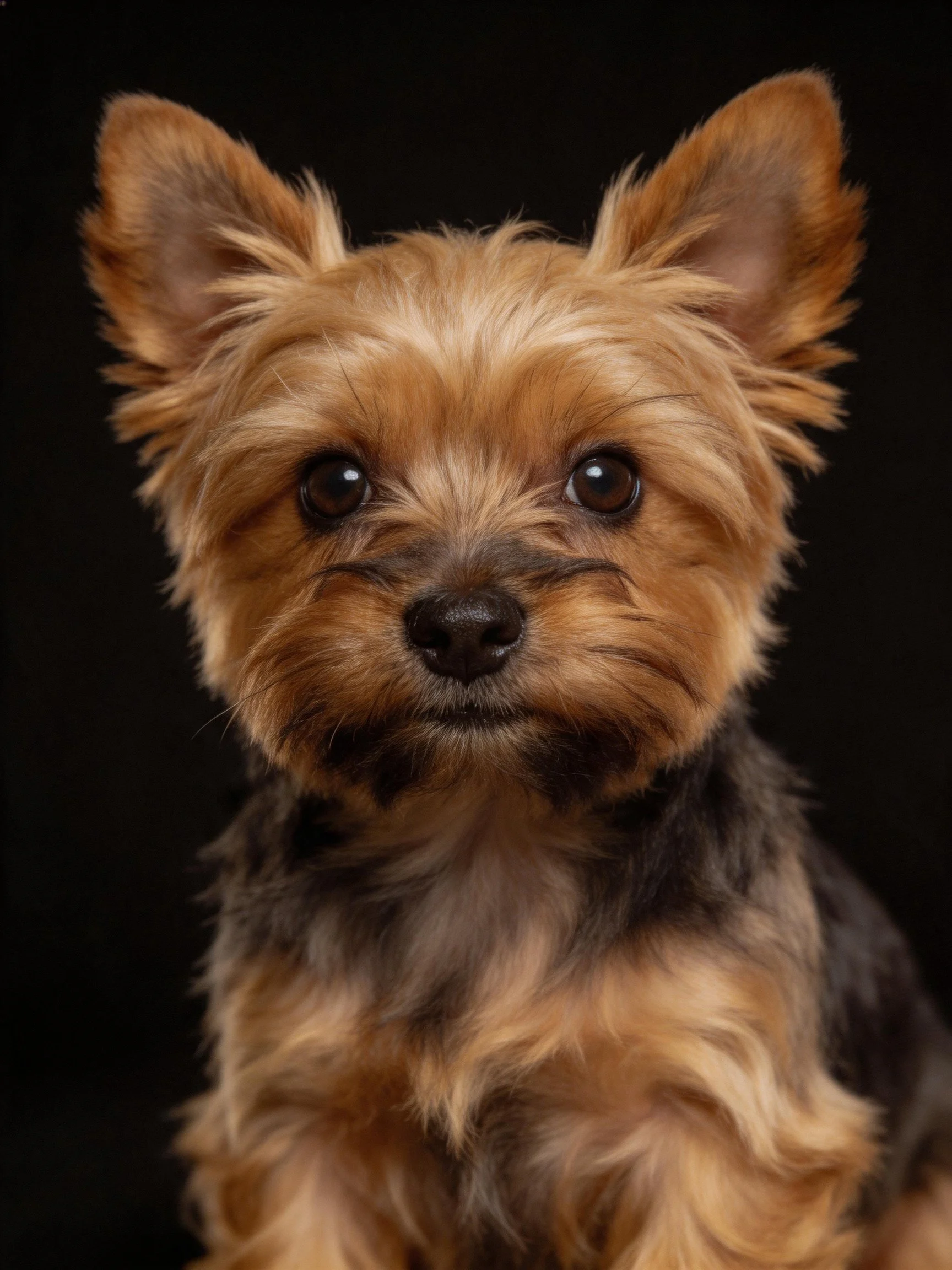 A small Yorkshire Terrier with brown and black fur gazes directly at the viewer against a dark background.