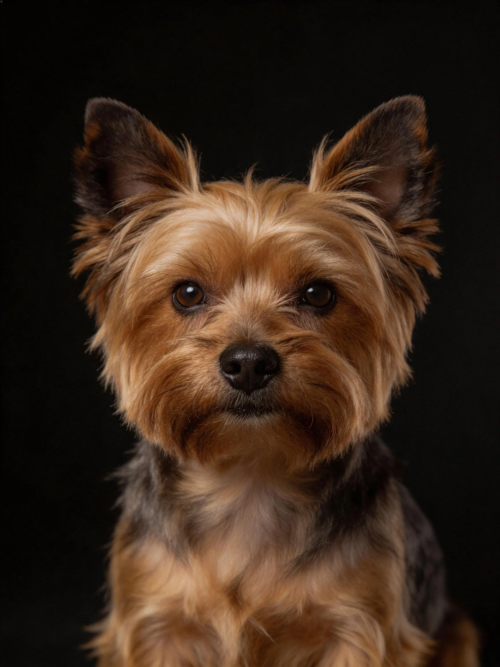 A small Yorkshire Terrier with brown and black fur against a solid black background