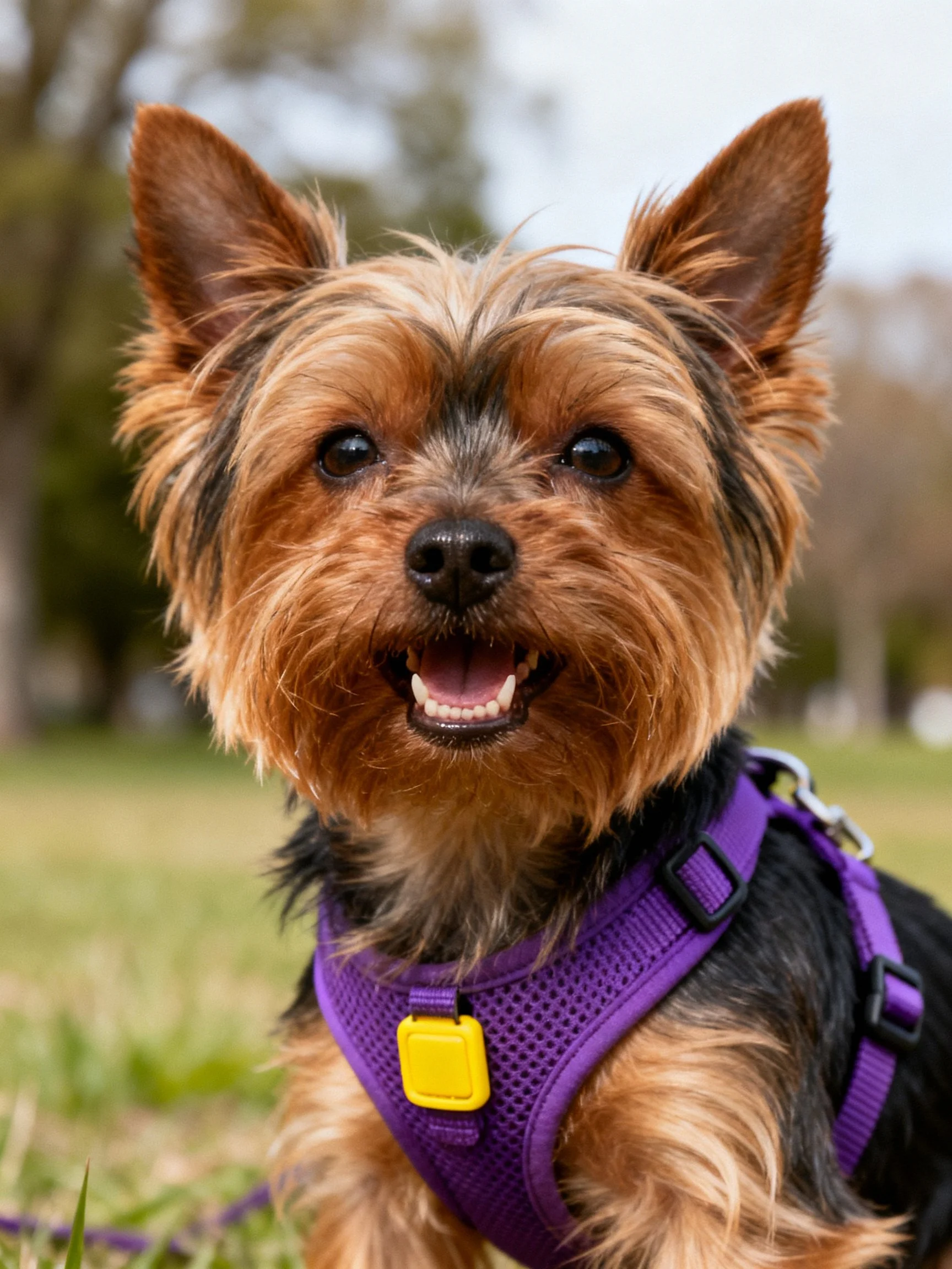 A small Yorkshire Terrier with brown and black fur in a purple harness